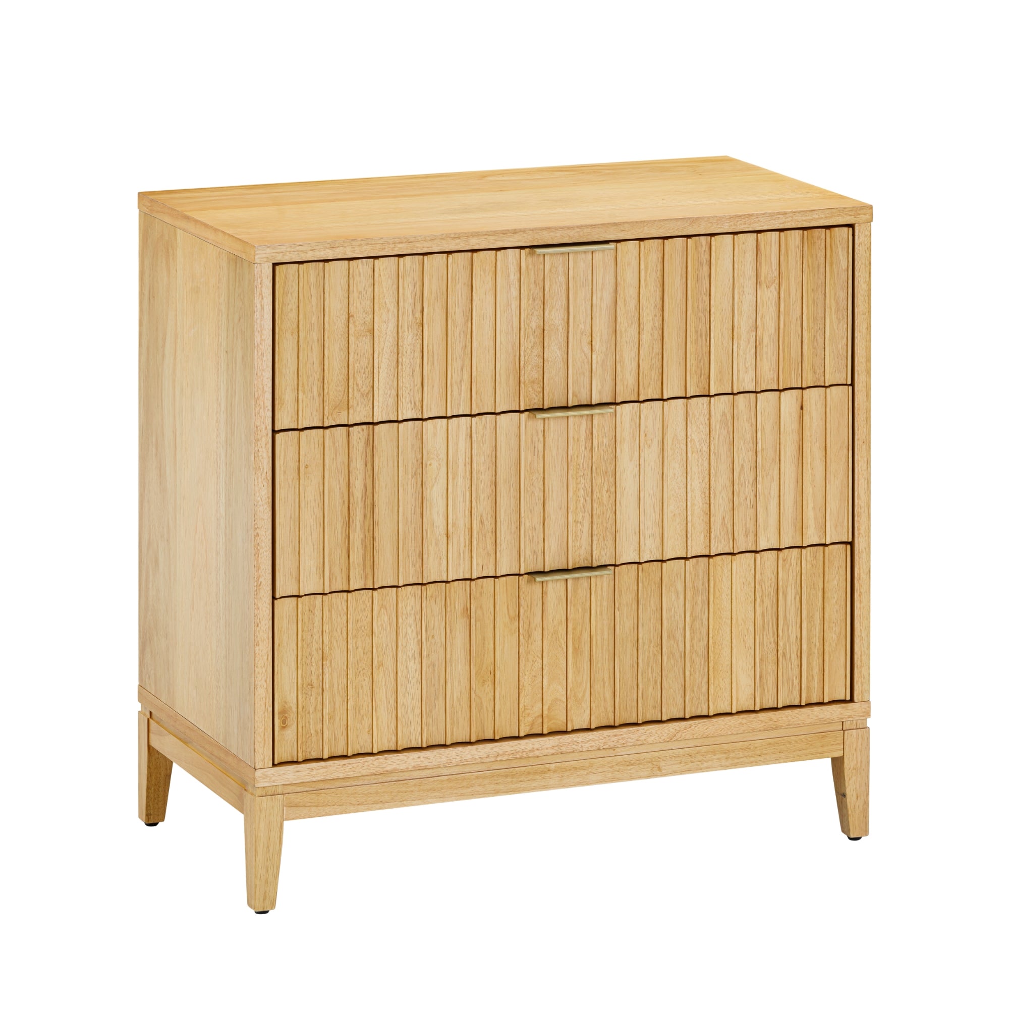 A light wood dresser with three drawers, each featuring vertical grooves and slim horizontal handles, standing on four tapered legs.