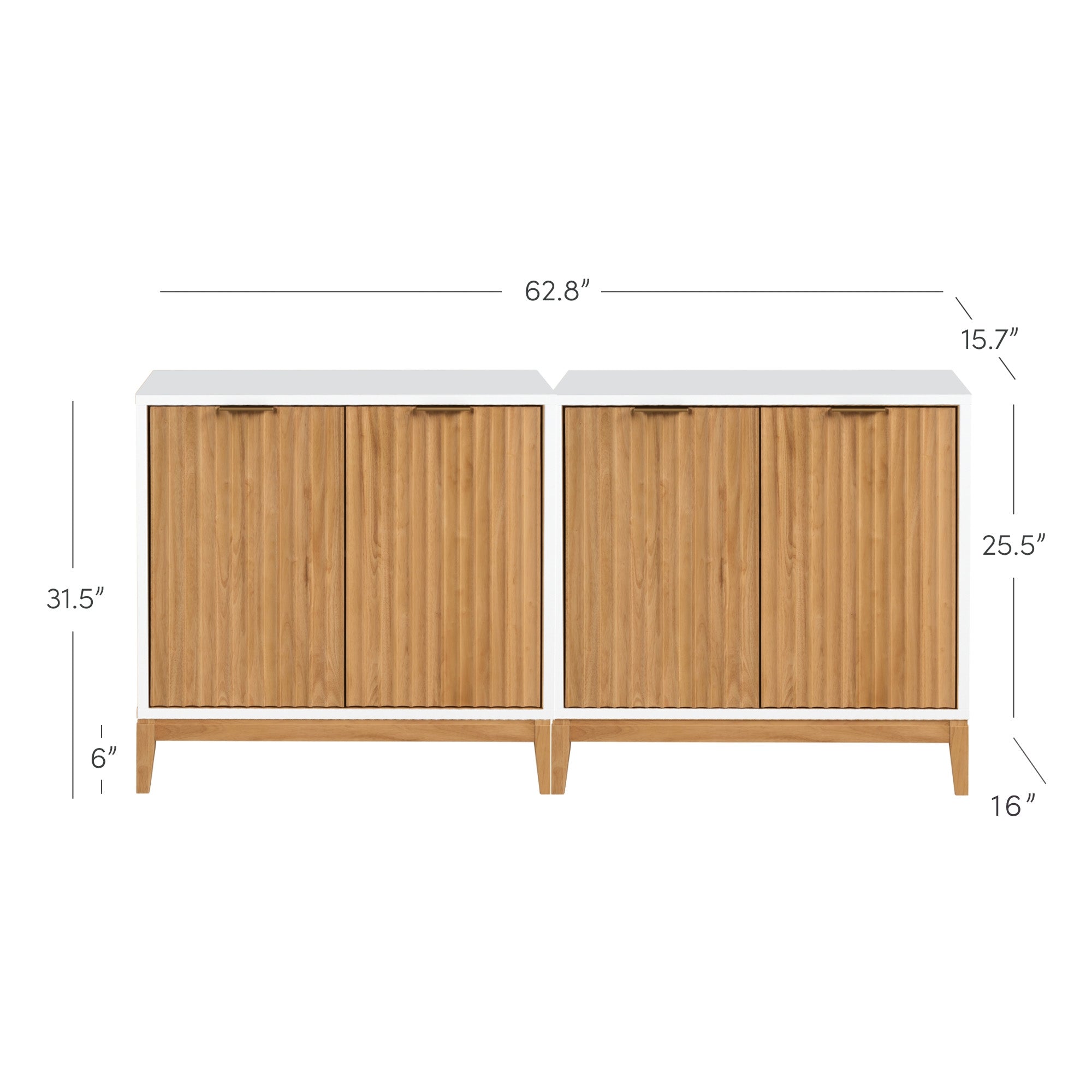 A wooden cabinet with four doors, a white top, and tapered legs. Dimensions are labeled: 62.8 wide, 31.5 tall, 15.7 deep, 25.5 door height, 16 base width, and 6 leg height.