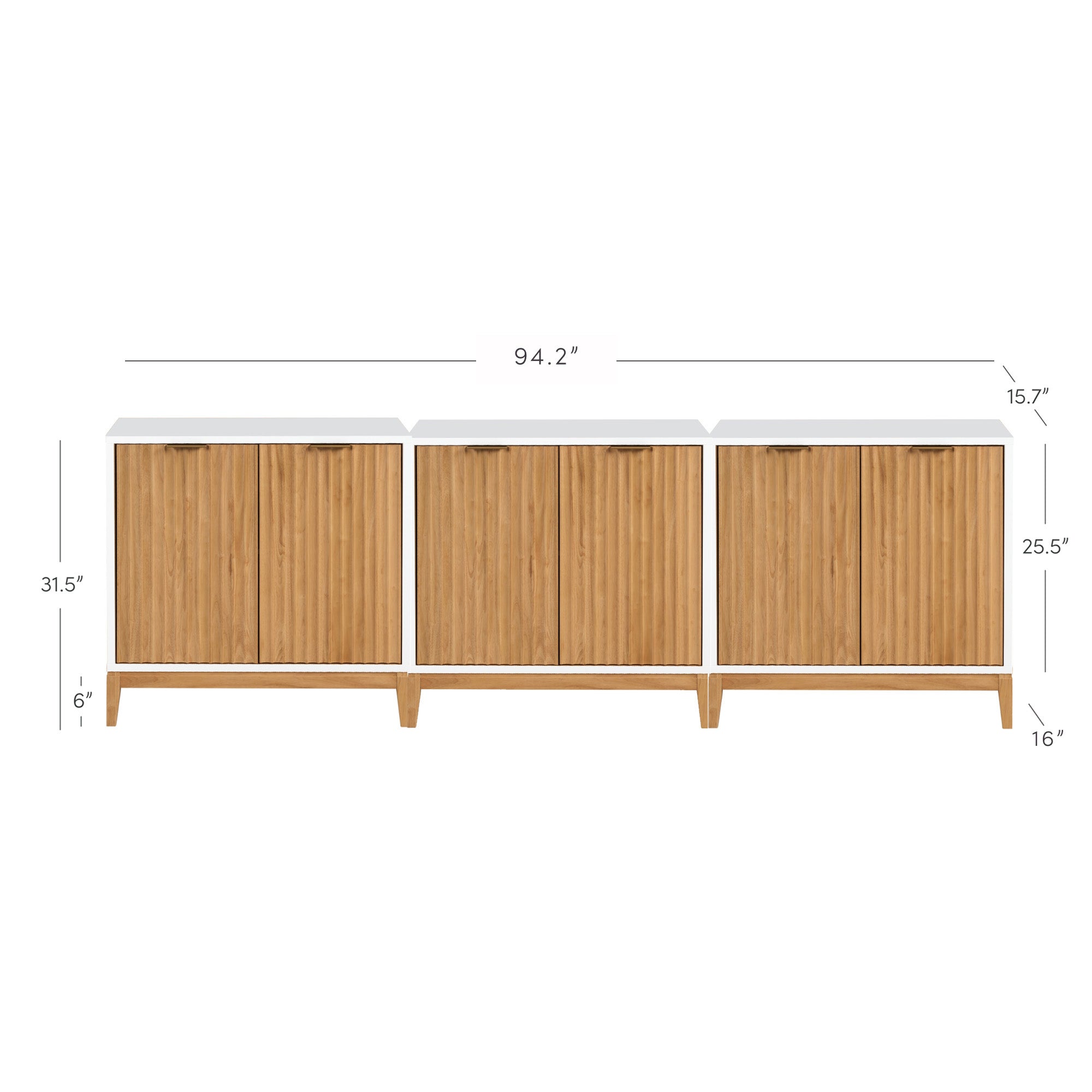Sideboard cabinet with four wooden doors, white top surface, and wooden base. Dimensions are shown: width 94.2, height 31.5, depth 15.7, base height 6, door height 25.5, and base depth 16.
