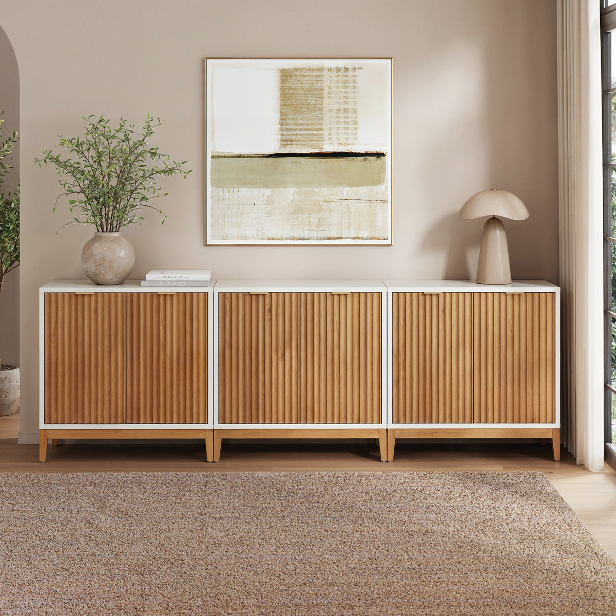 Mid-Century Fluted Storage Credenza Warm White Warm Pine (Set of 3) - Nathan James