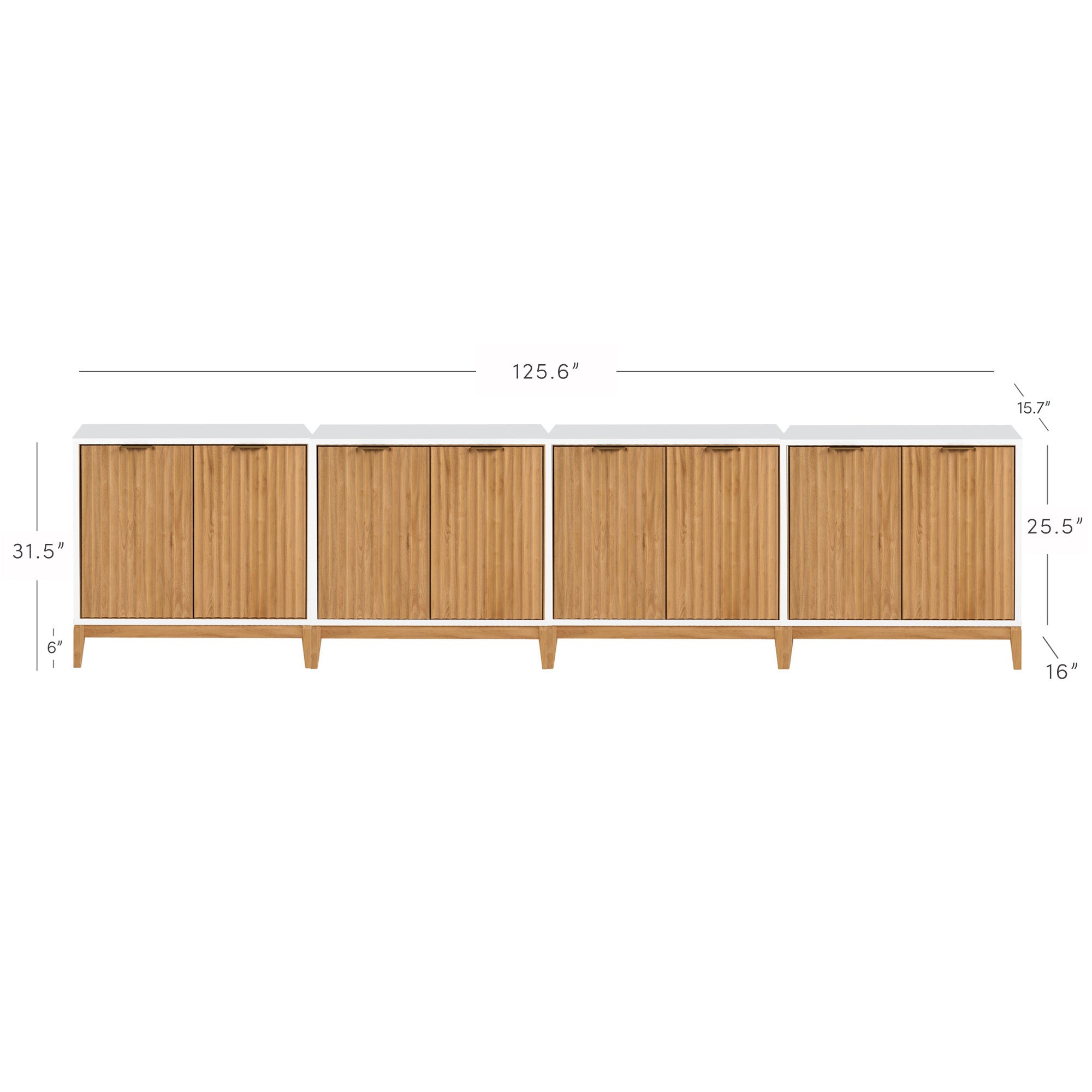 Four wooden cabinets with white tops are aligned in a row. Dimensions are marked: total width 125.6 inches, cabinet height 31.5 inches, depth 15.7 inches, leg height 6 inches, and cabinet body height 25.5 inches.