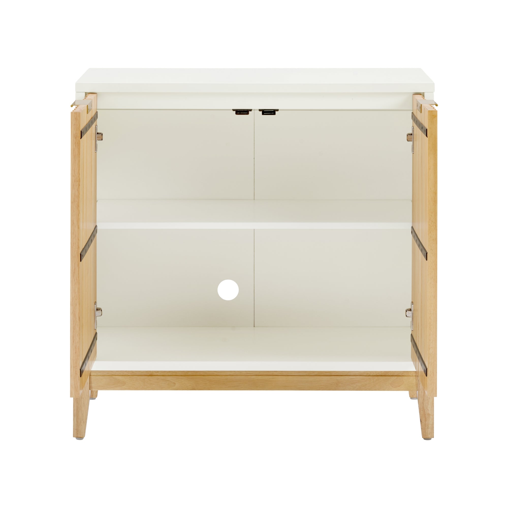 A wooden cabinet with light wood legs and frame, white top and interior, two open doors, and one interior shelf with a circular cutout at the back panel.