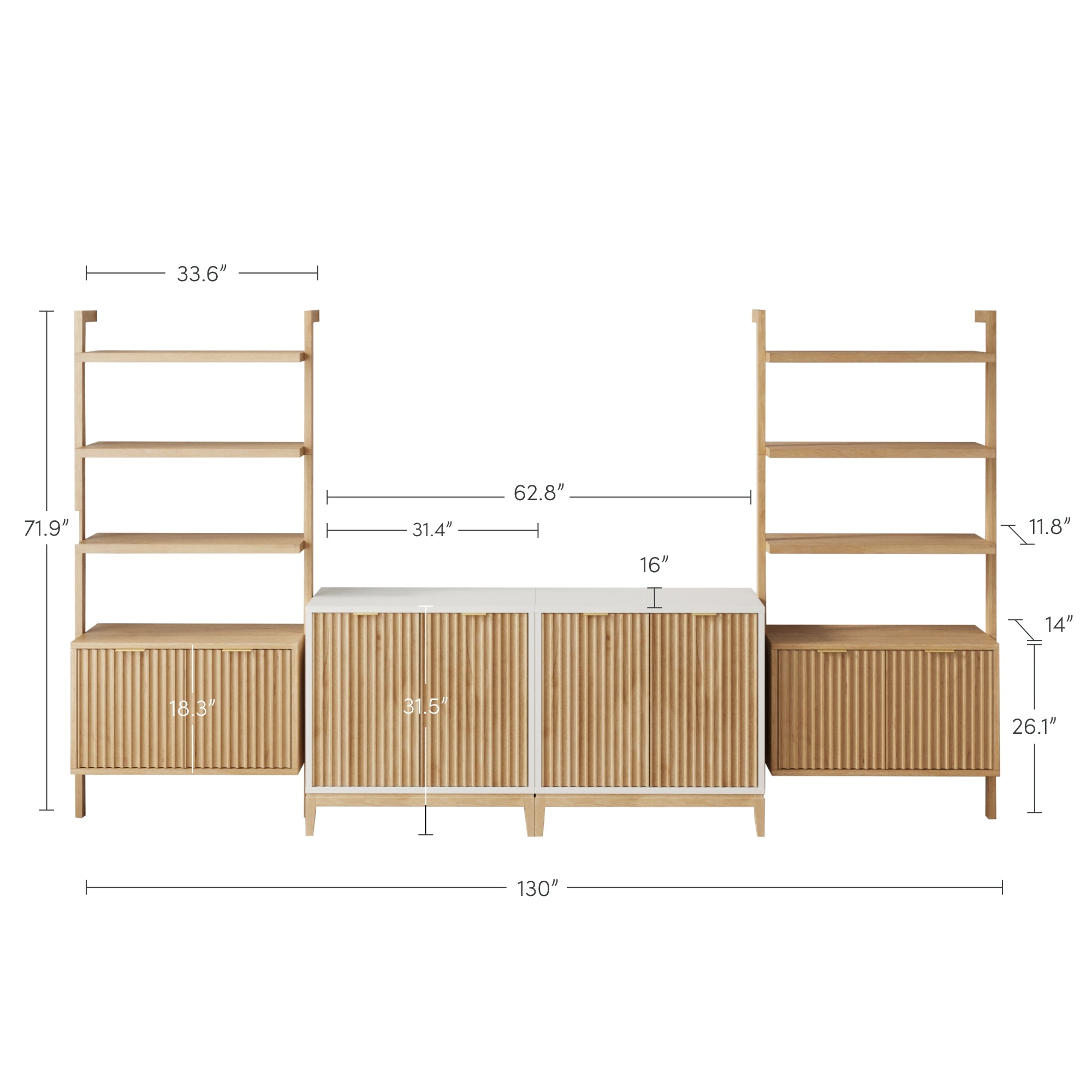 A wooden modular shelving and cabinet unit with two tall side shelves, two central cabinets, and measurement labels showing dimensions including total width of 130 and height of 71.9.