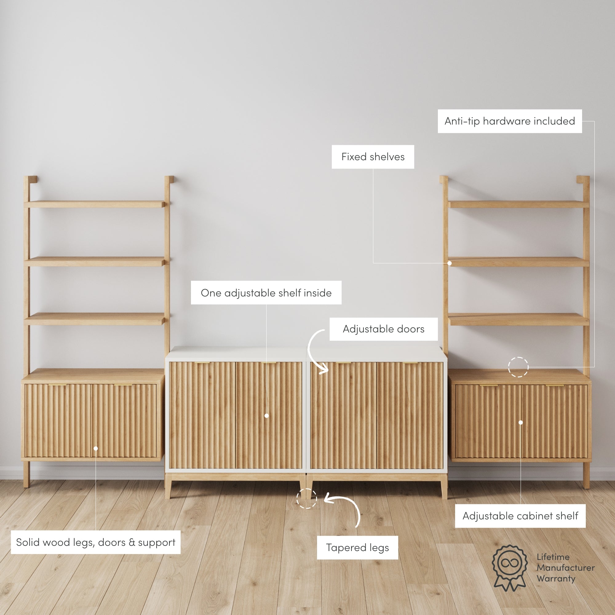 Minimalist wooden shelving and cabinet set with labeled features: fixed shelves, anti-tip hardware, adjustable doors, solid wood legs, and one adjustable shelf inside. The unit stands on a light wood floor.