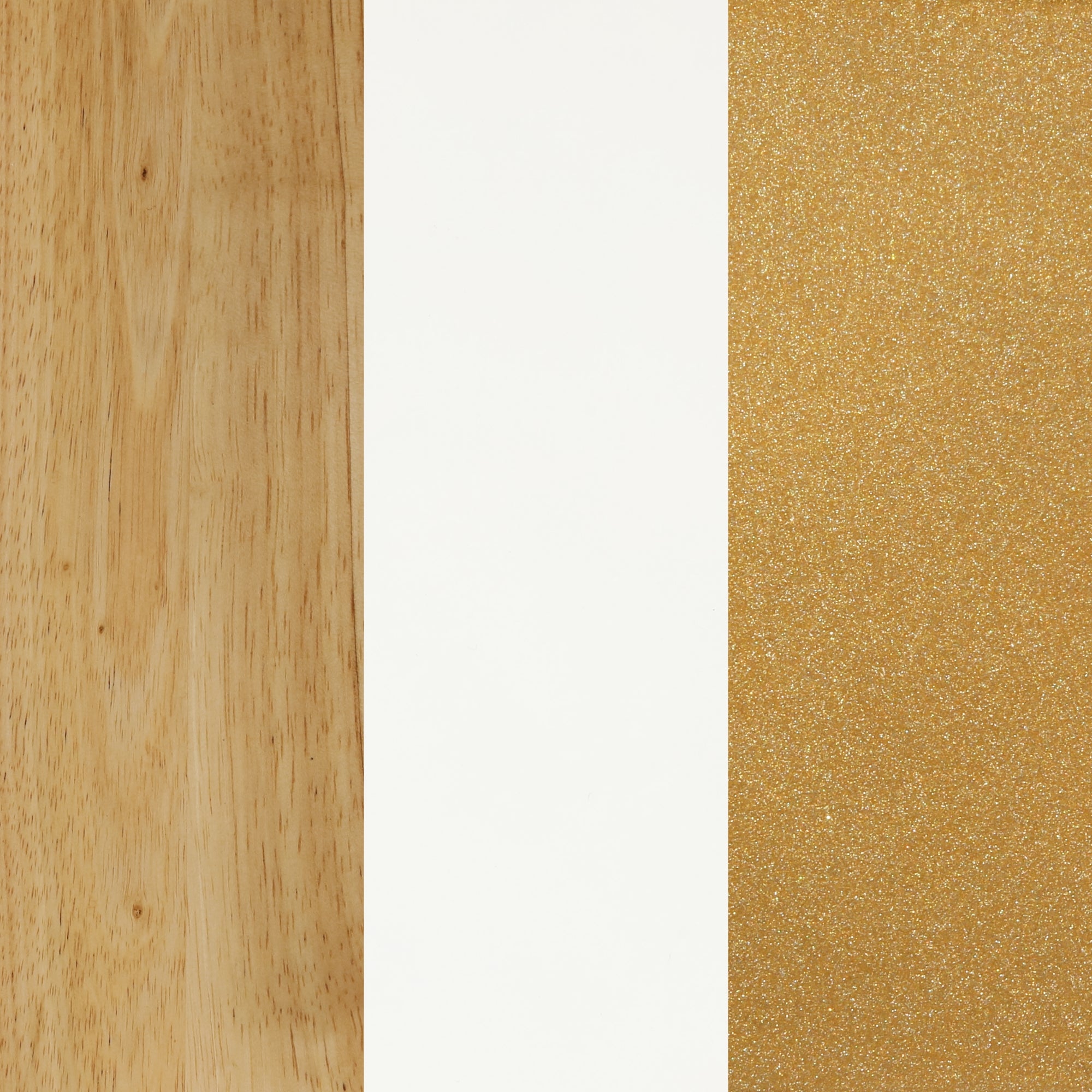 A vertical triptych featuring three textures: light wood grain on the left, solid white in the center, and sparkly gold on the right.