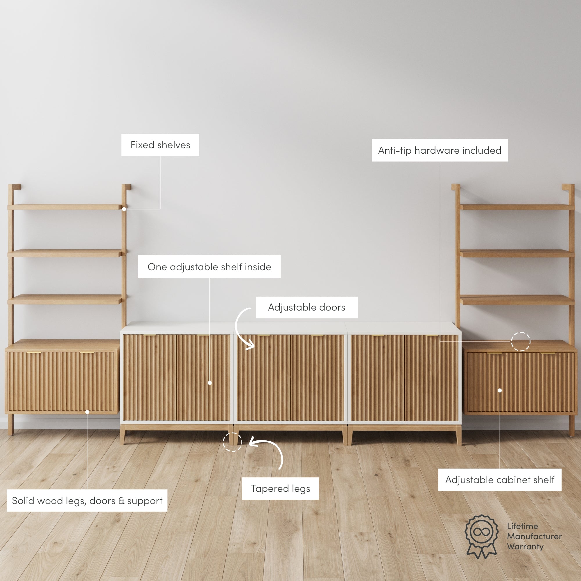 Minimalist wooden storage unit with three cabinets, each featuring adjustable doors, shelves, and tapered legs; two shelving units with fixed shelves stand on either side, all on a light wood floor against a white wall. Labels highlight features.