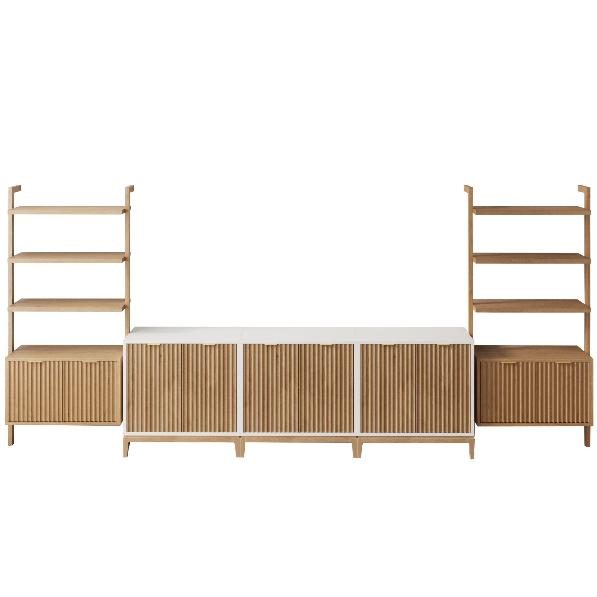 A modern wooden storage unit with two tall shelving sections on each side and three central cabinets with vertical slats, all in a light wood and white finish.