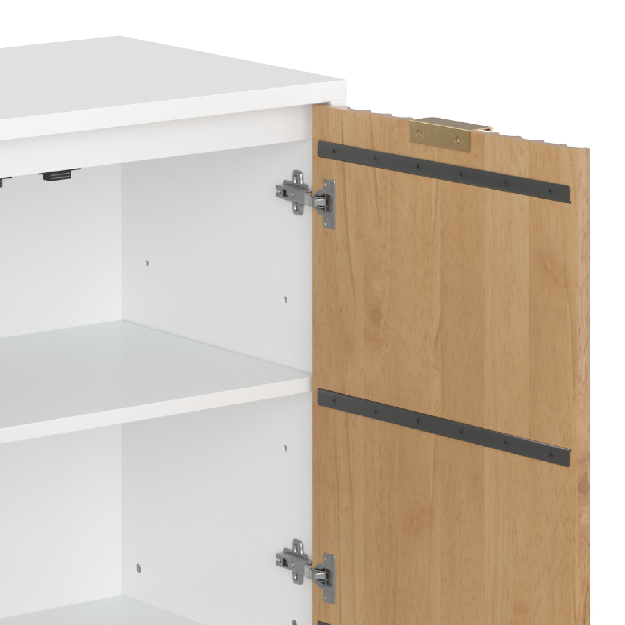 A close-up of an open wooden cabinet door with metal hinges, revealing two white shelves inside a white cabinet.