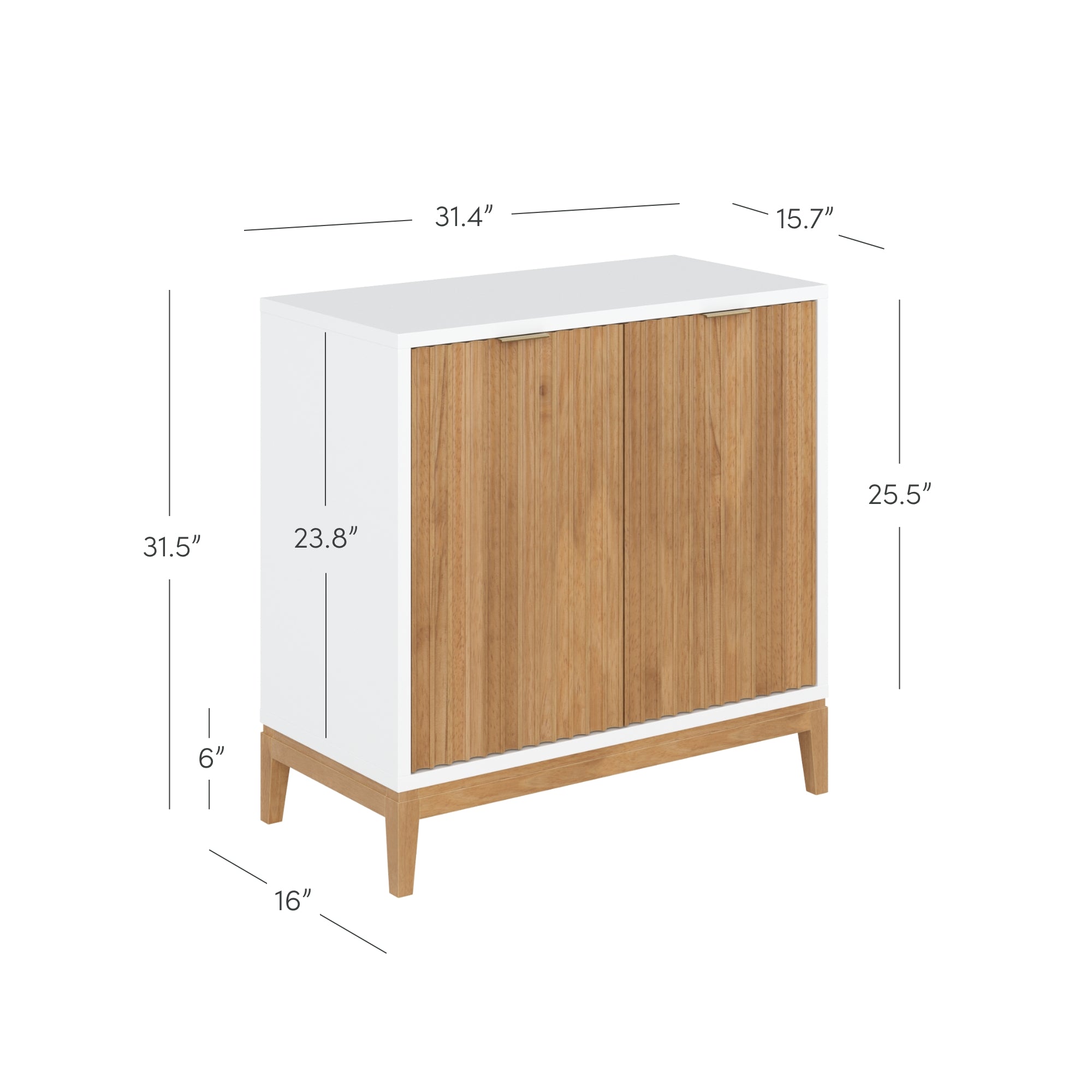 A small cabinet with white sides and top, wood doors, and wood legs. Dimensions shown: 31.4 wide, 15.7 deep, 31.5 tall, 6 leg height, 16 base depth, and 23.8 door height, 25.5 cabinet height.