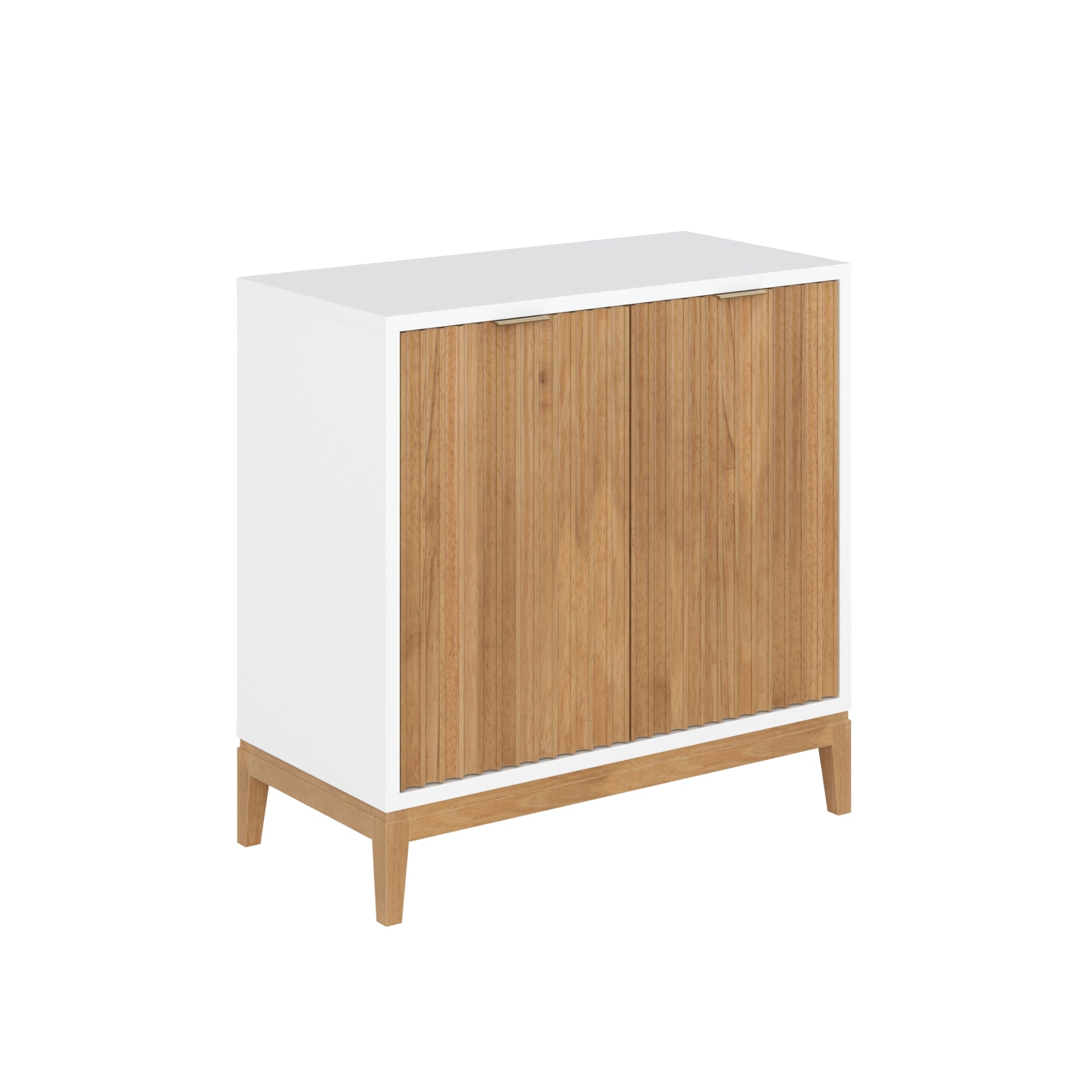 A modern cabinet with a white frame, light wood legs, and two vertical light wood doors, standing on four short legs, set against a plain white background.