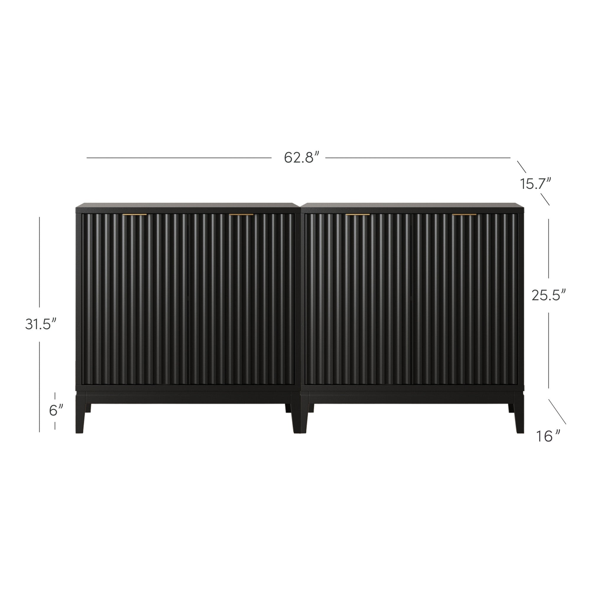 Black double cabinet with vertical grooves, gold handles, and measurements displayed: width 62.8, height 31.5, depth 15.7, cabinet height 25.5, base height 6, and leg depth 16.