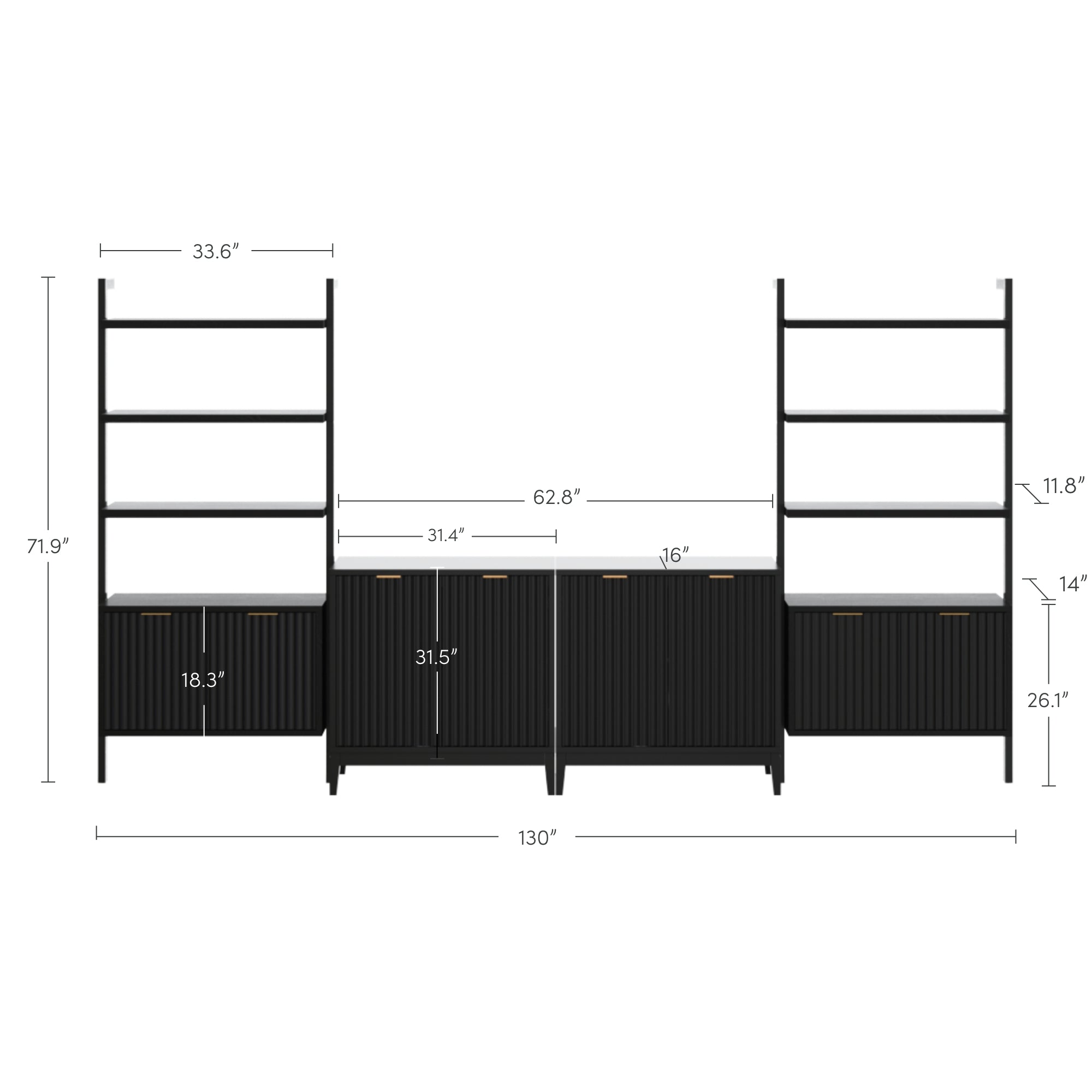 Black modular shelving unit with two tall side bookshelves, each with three open shelves and a cabinet below. Central section has two cabinets and a shelf. Measurements for each section are indicated. Total width is 130 inches.