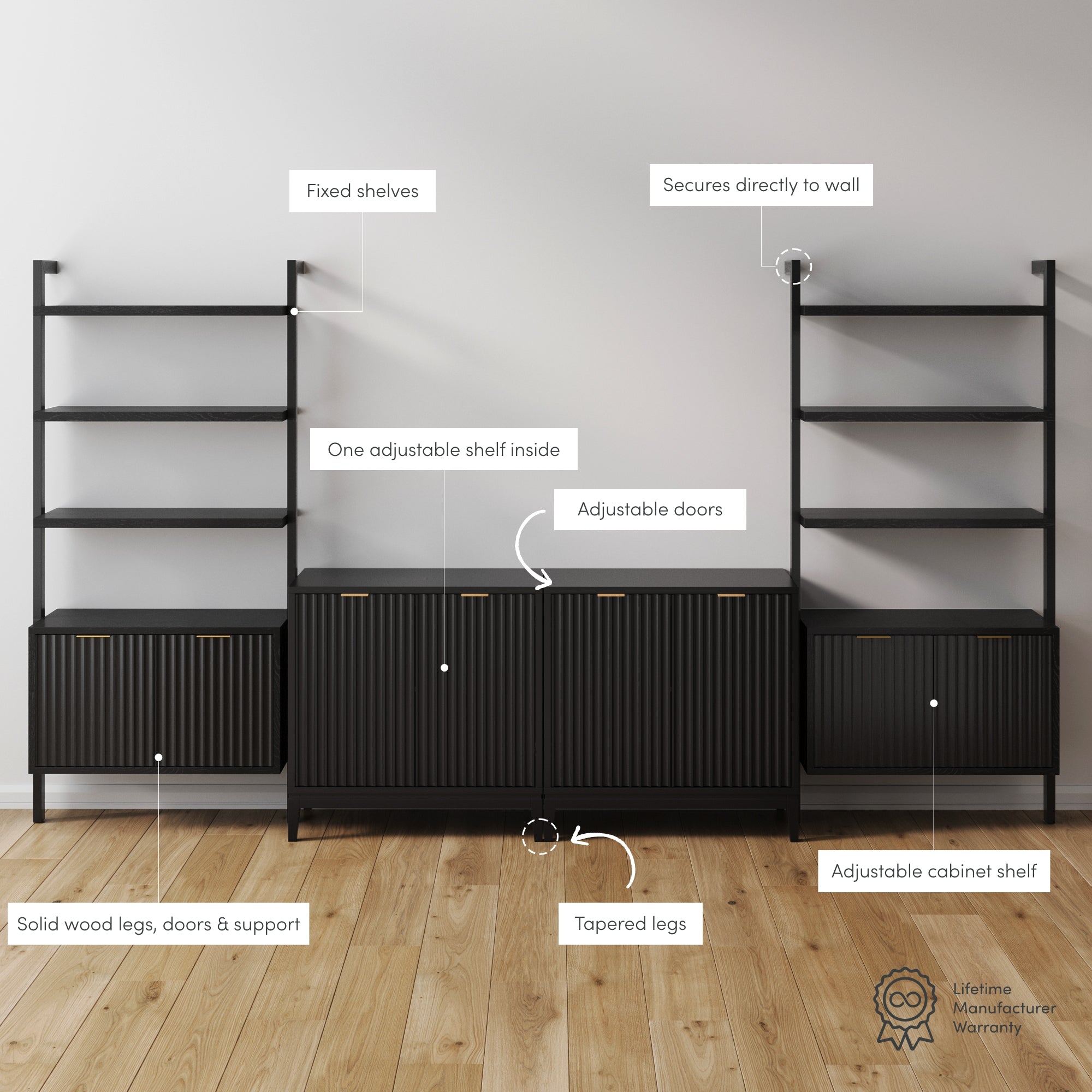 Black shelving unit with cabinets and open shelves. Labels highlight fixed shelves, adjustable doors, one adjustable shelf inside, adjustable cabinet shelf, solid wood legs, tapered legs, and wall securing feature. Sits on wood floor.