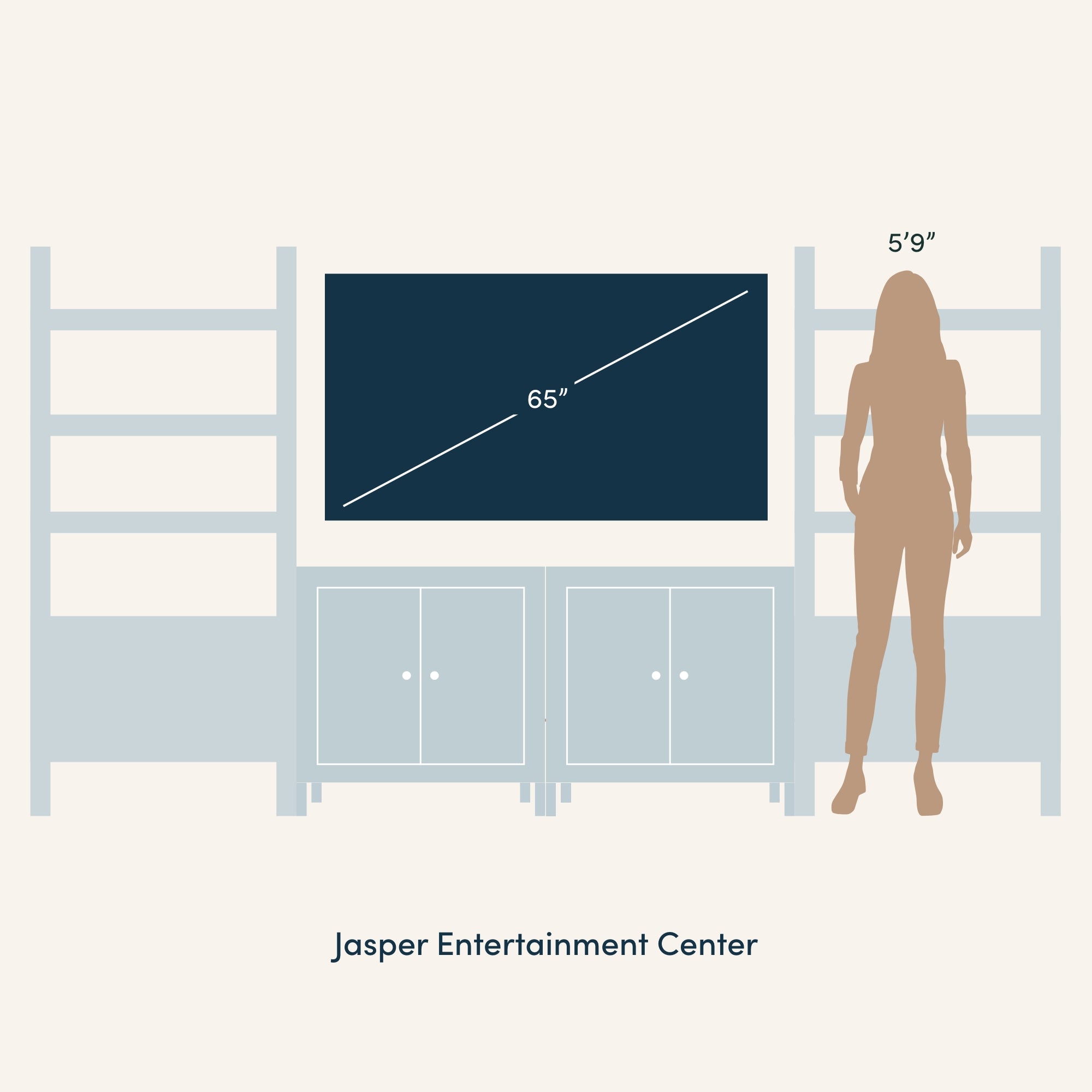 Illustration of a Jasper Entertainment Center with shelves, a 65-inch TV, and a silhouette of a person 59 tall for scale. The center includes cabinets and open shelving on both sides.