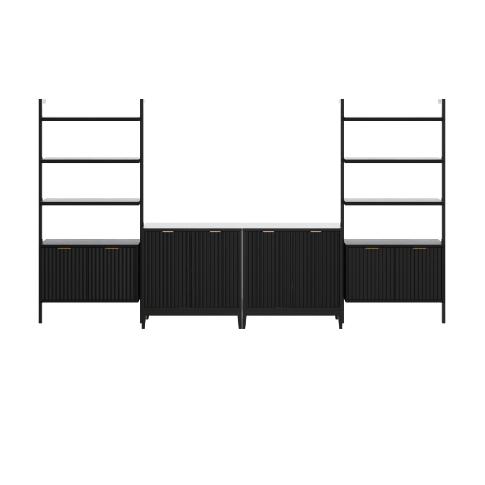Black modular shelving unit with two tall open shelves on each side, lower cabinets with vertical grooves and gold handles, and two central cabinets, all set against a plain white background.