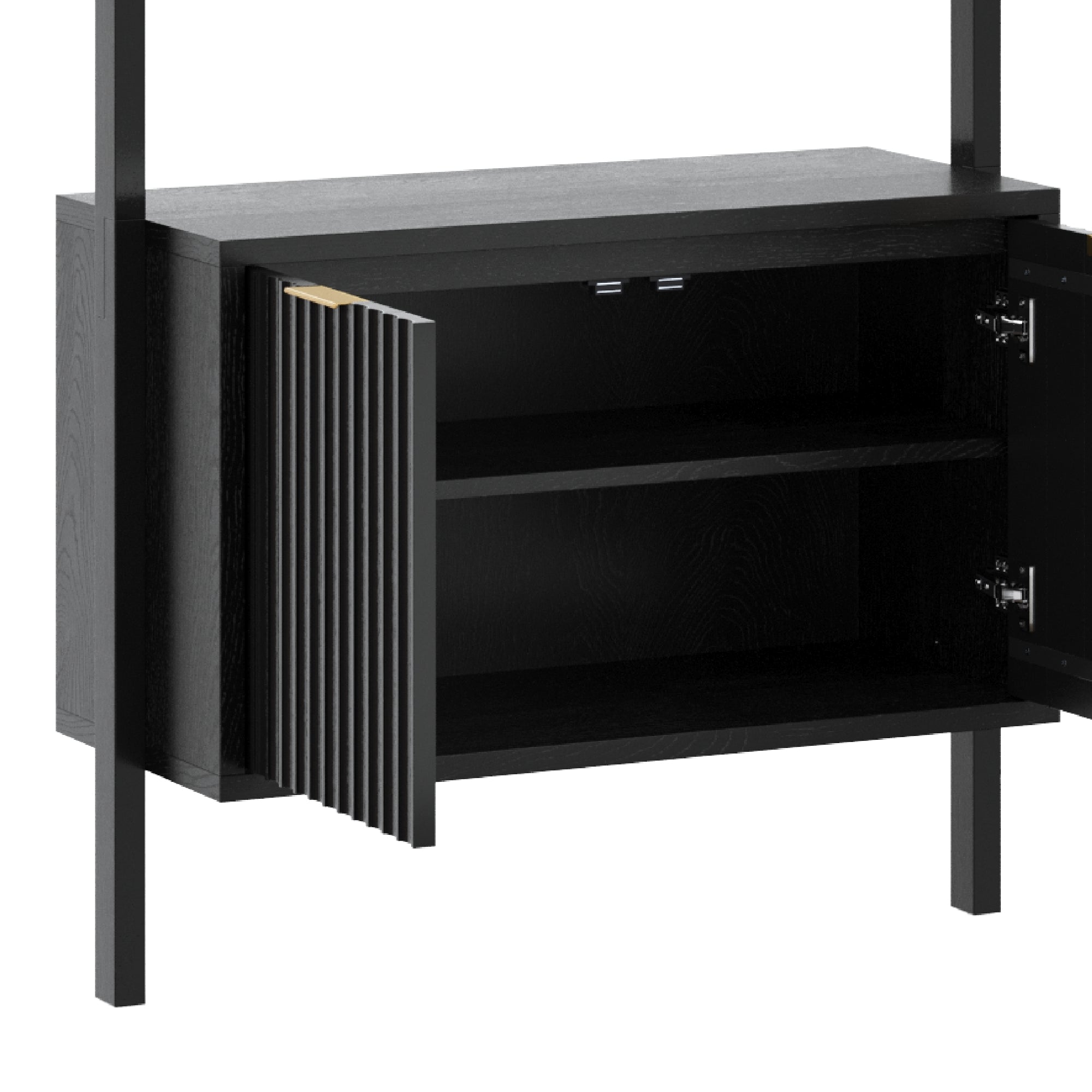 A black wooden cabinet with vertical grooves on the left door, one door open to reveal two interior shelves, standing on four tall legs.