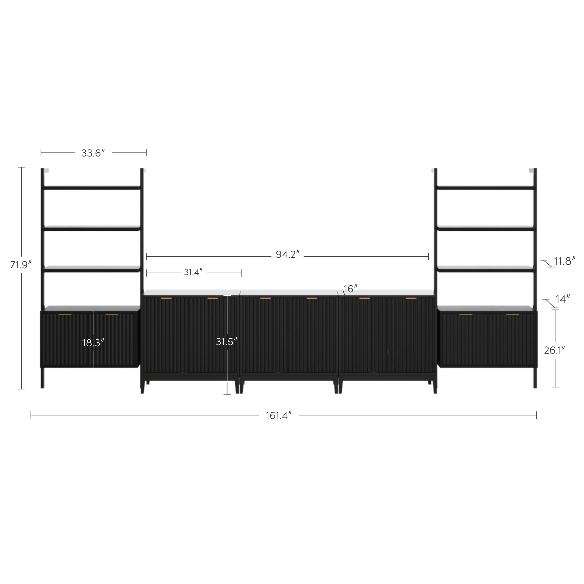 A black modular shelving unit with cabinets and open shelves, measuring 161.4 inches wide and 71.9 inches tall. Various sections and shelves have individual measurements labeled in inches.