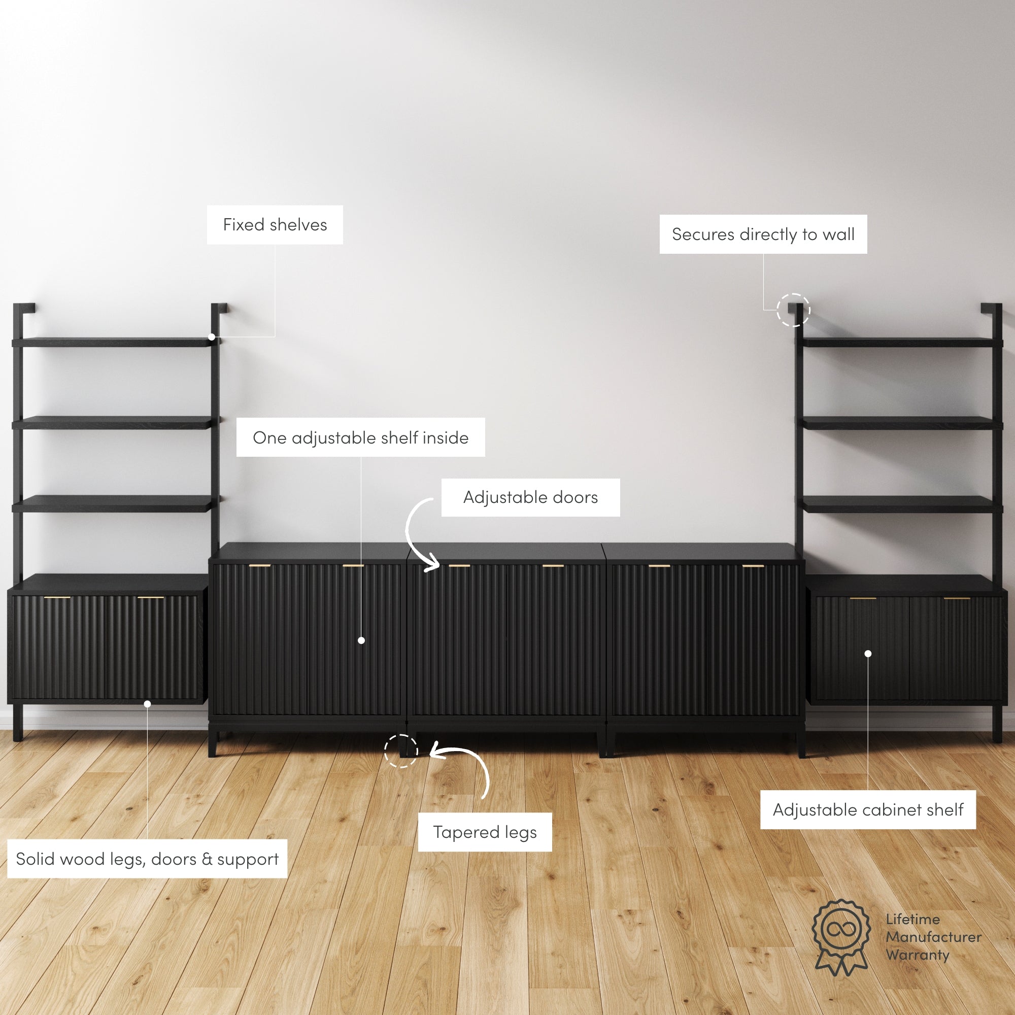 Black modular shelving unit against a white wall, featuring labeled elements such as fixed shelves, adjustable cabinet shelf, adjustable doors, tapered legs, and support. A warranty icon is in the lower right corner.