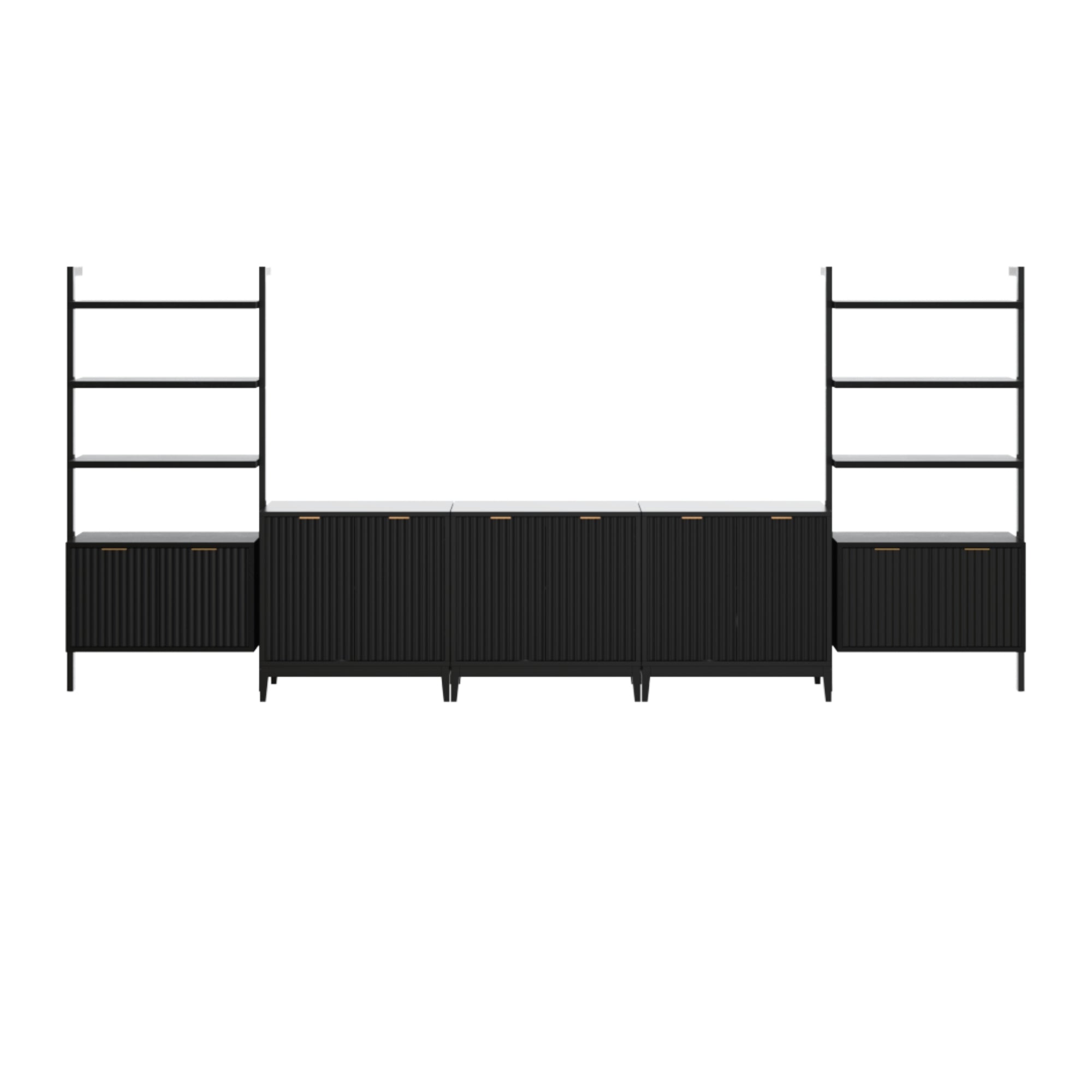Black modern entertainment unit with vertical grooves, featuring a central console and two shelving towers on each side, each with three open shelves above closed cabinets. Set against a white background.