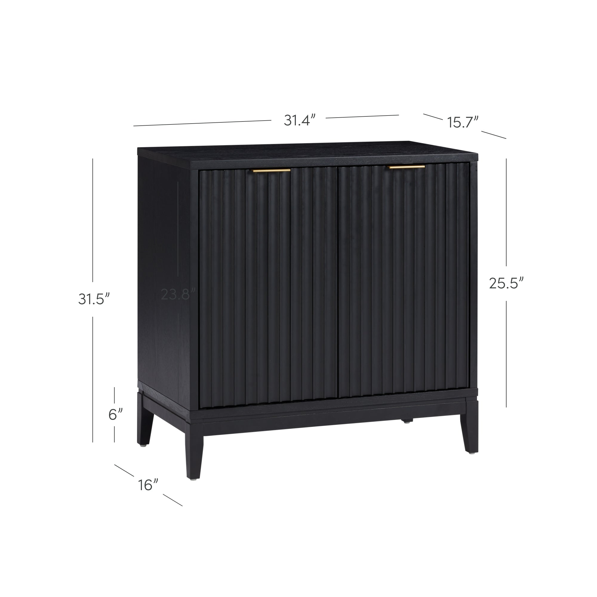 Black cabinet with two vertical doors, gold handles, and four legs. Dimensions are labeled: 31.4 wide, 31.5 tall, 15.7 deep, door height 25.5, legs 6 tall, and front panel width 16.