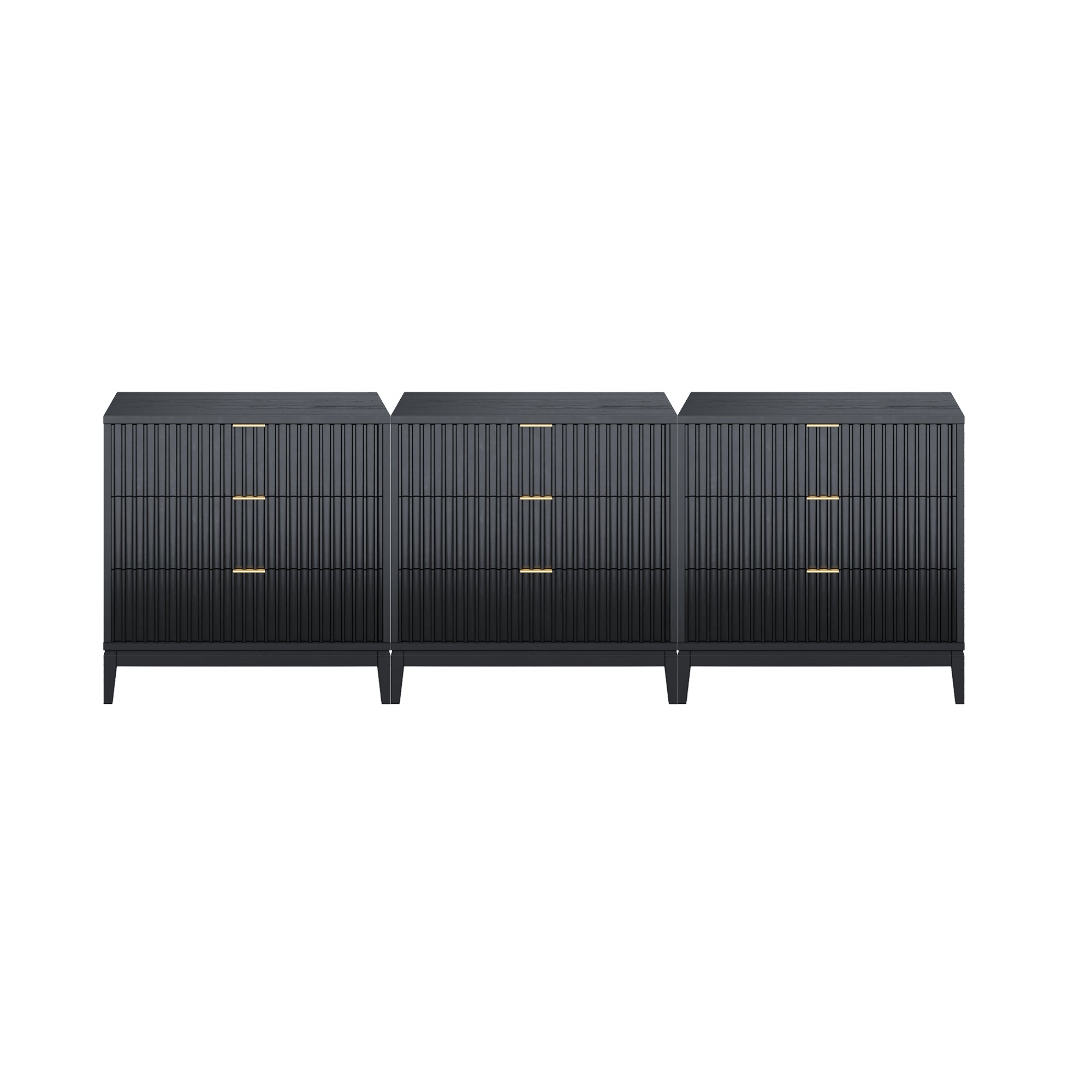 Three black dressers with vertical grooves and gold handles, each featuring three drawers, arranged side by side against a white background.