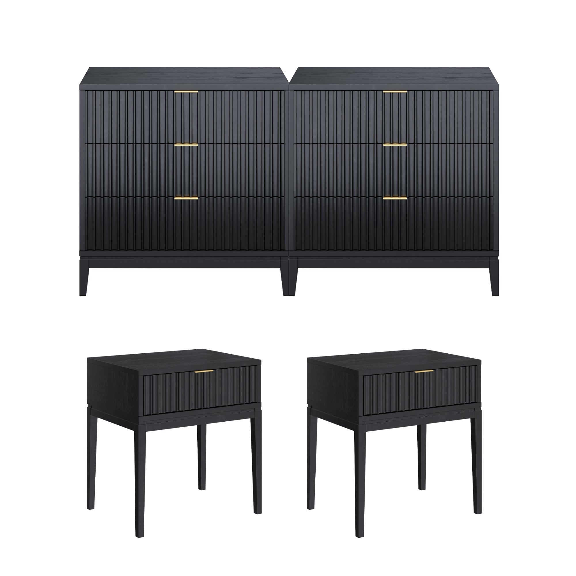 Two matching black dressers with three drawers each, featuring gold handles and vertical grooves, placed above two matching black nightstands with a single drawer and similar design.