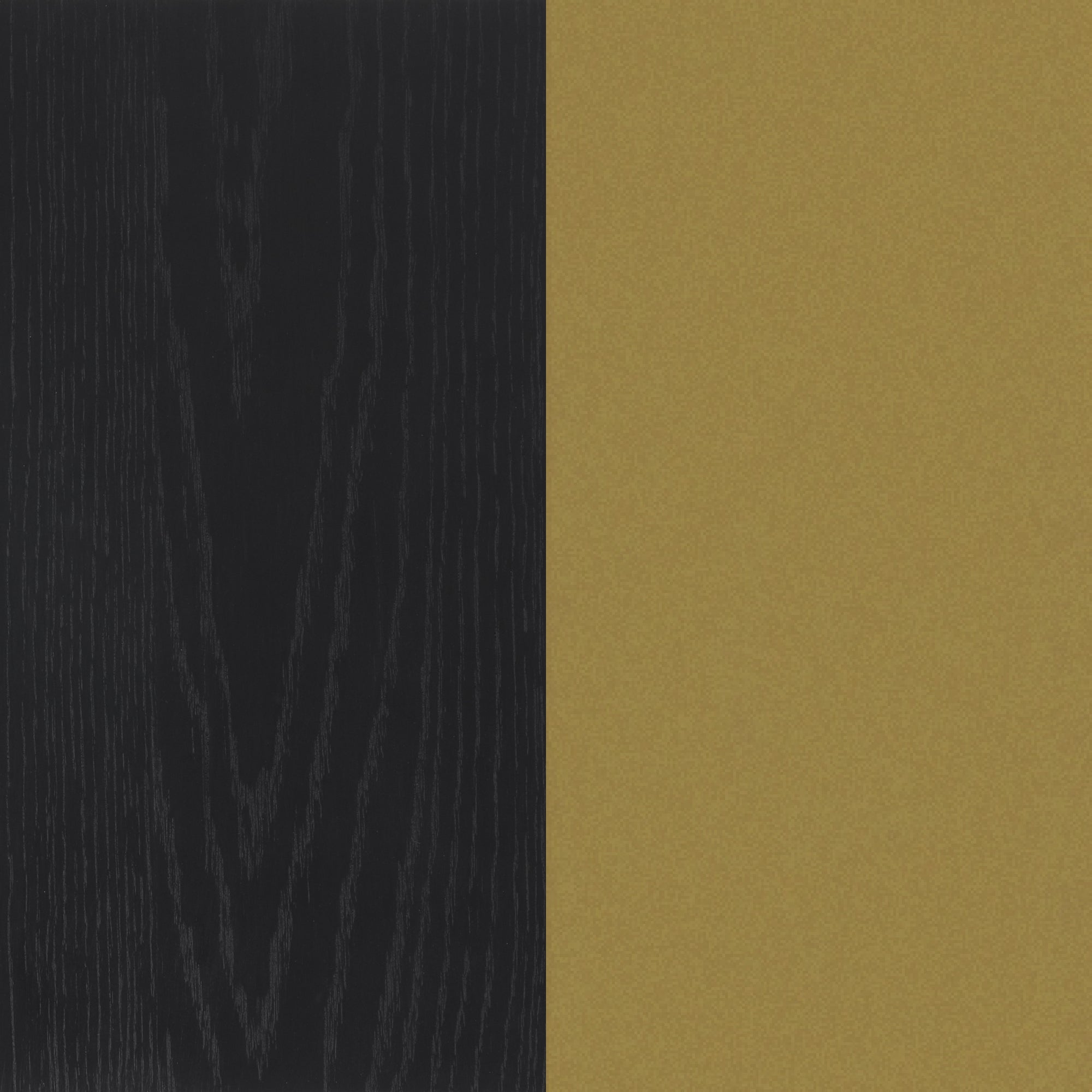 A vertically split image: the left half displays a black wood grain texture, while the right half features a solid, flat mustard yellow color.