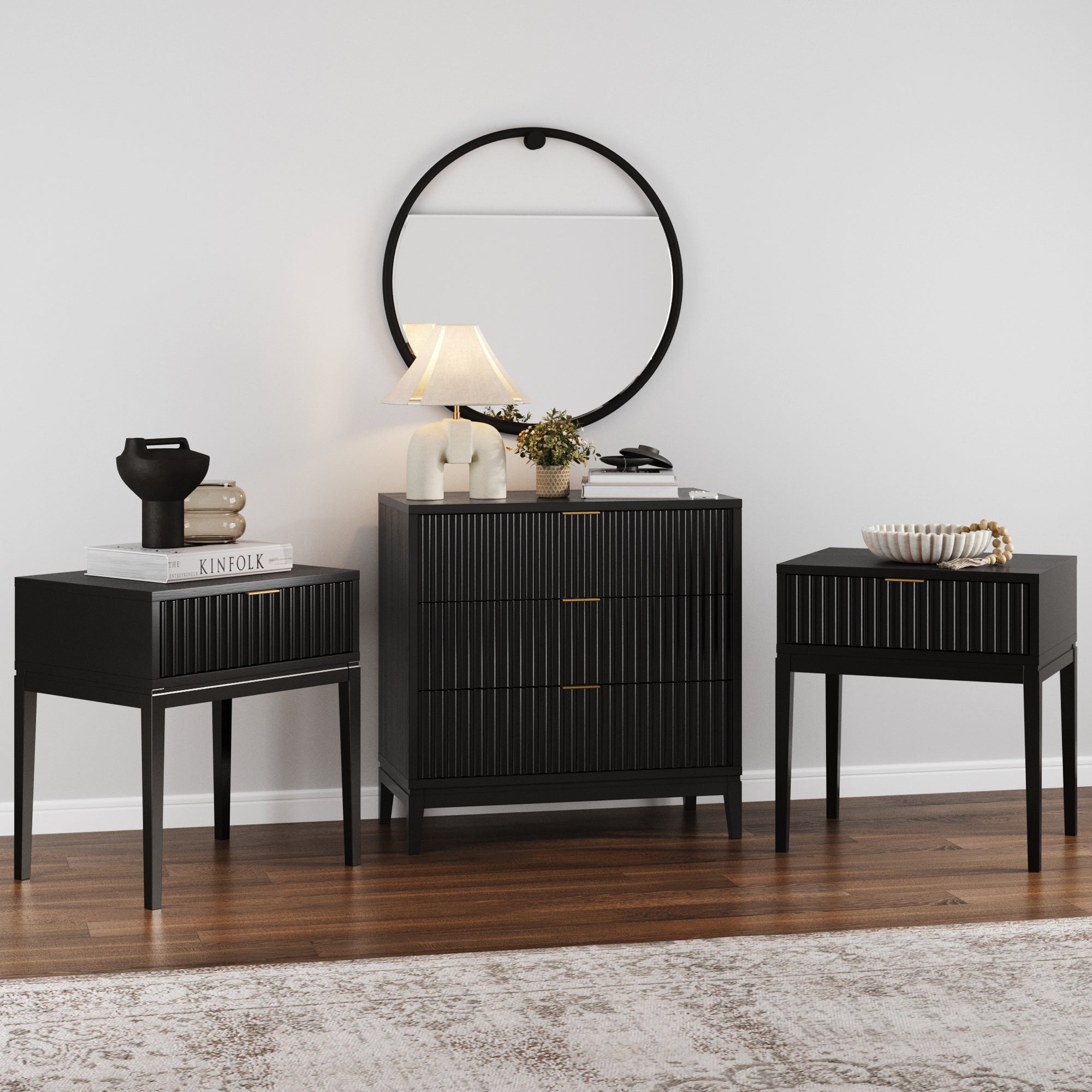 Mid-Century Wooden Fluted Dresser & Nightstand Set Black Oak