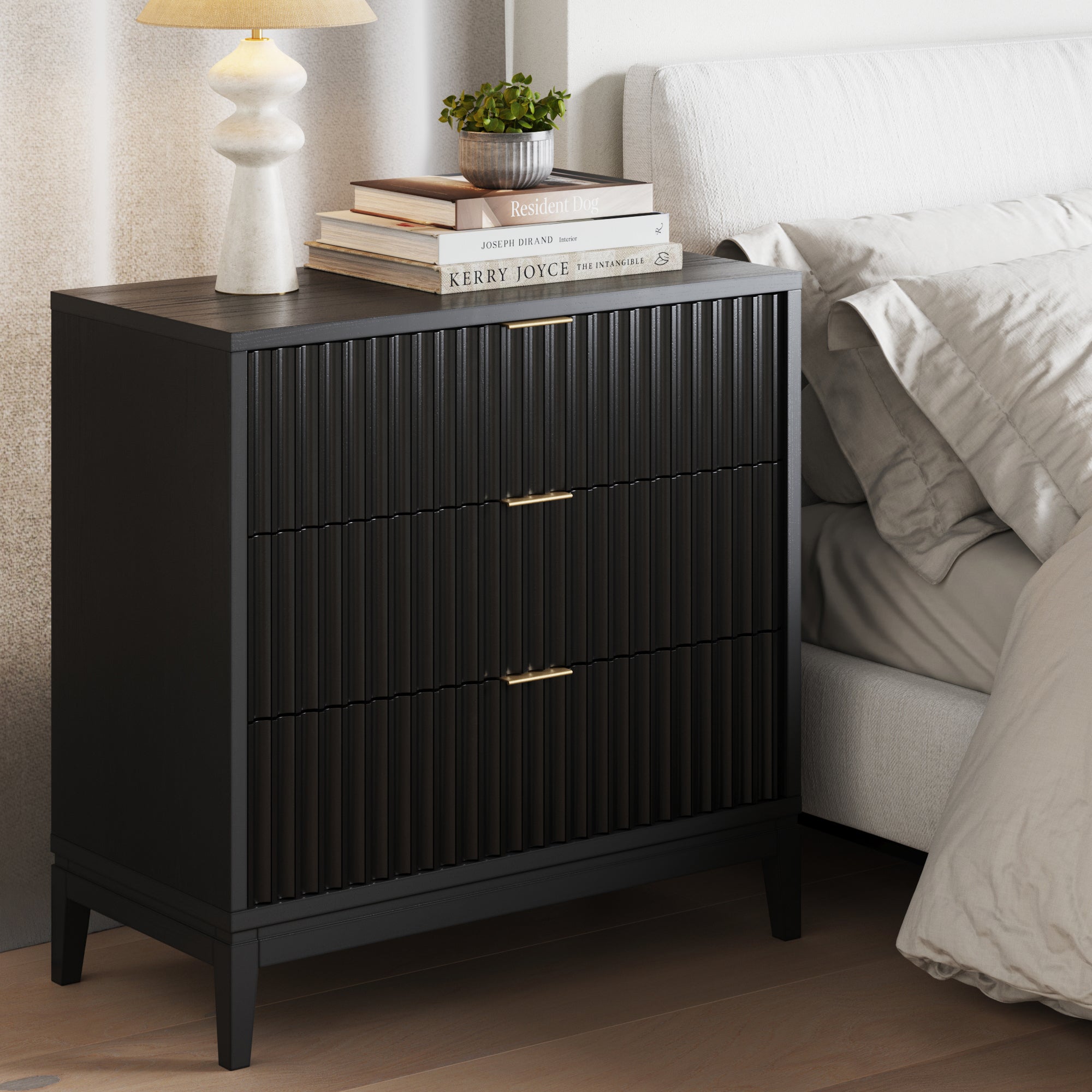 Nathan James Jasper 3 Drawer Dresser, Bohemian Fluted Dresser, Solid Wood Dresser for Nursery, Small Dresser for Bedroom, Black Oak Nathan James Jasper 3 Drawer Dresser, Bohemian Fluted Dresser, Solid Wood Dresser for Nursery, Small Dresser for Bedroom, Black Oak