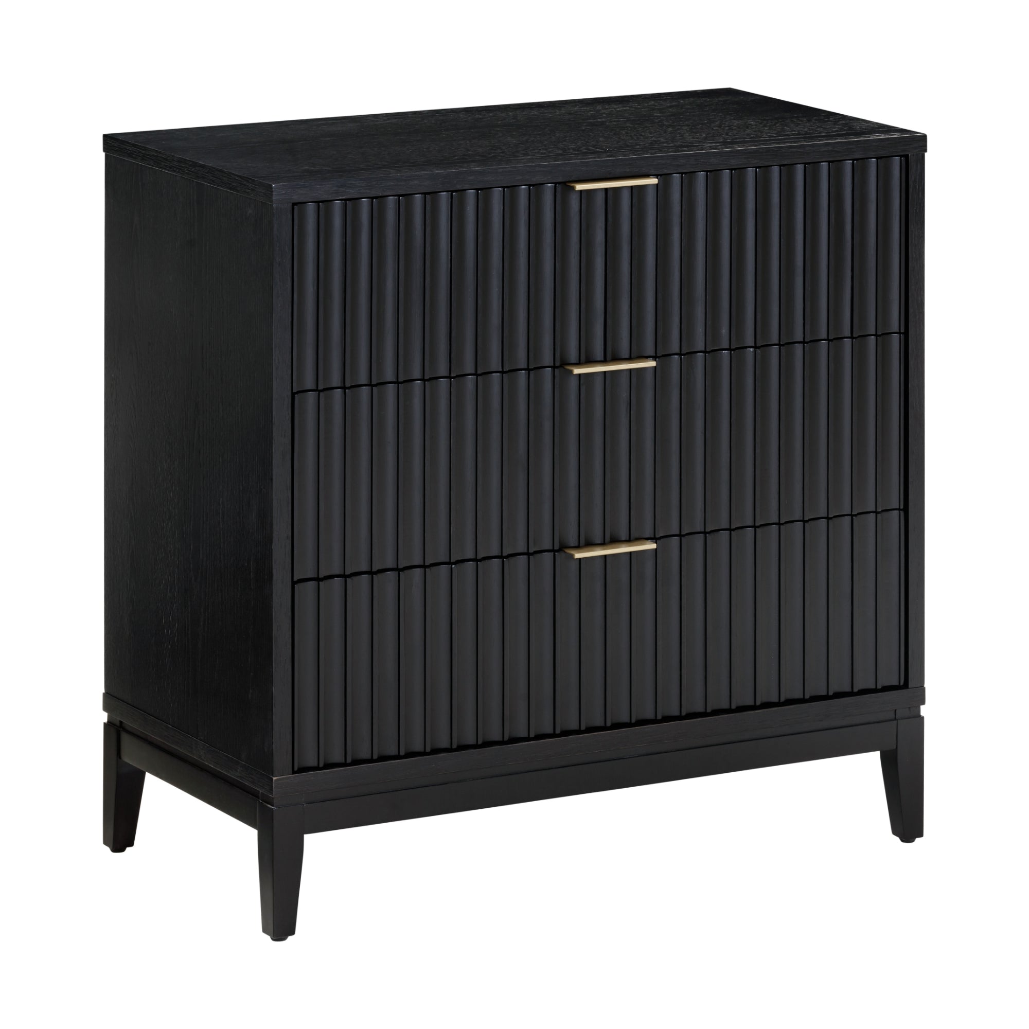 A modern black wooden dresser with three drawers, featuring vertical grooved detailing on the front and sleek gold handles, standing on four short legs.