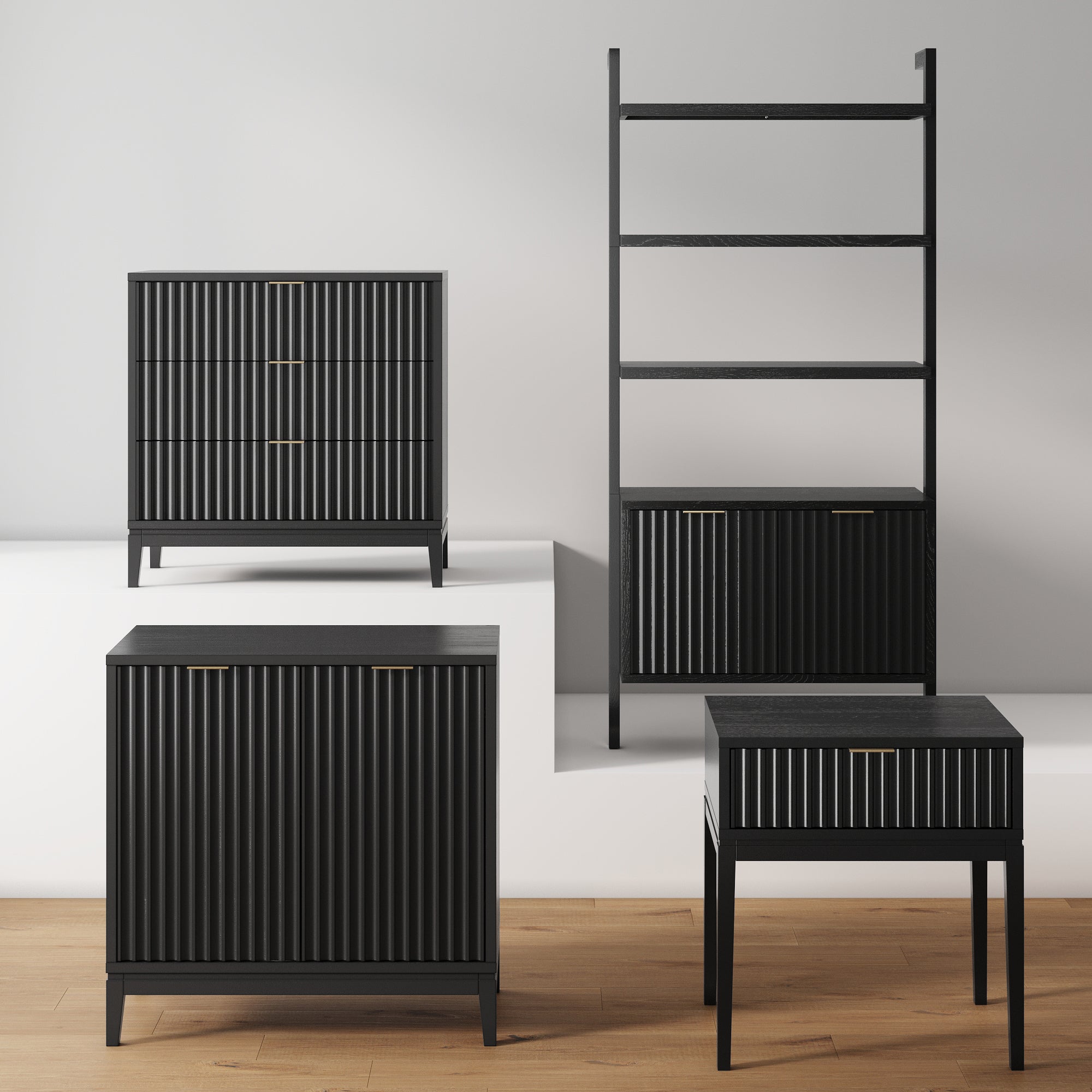 Four modern black furniture pieces with vertical grooves: a cabinet, a dresser, a shelving unit with a cabinet, and a side table, all displayed against a white and light gray background on a wood floor.
