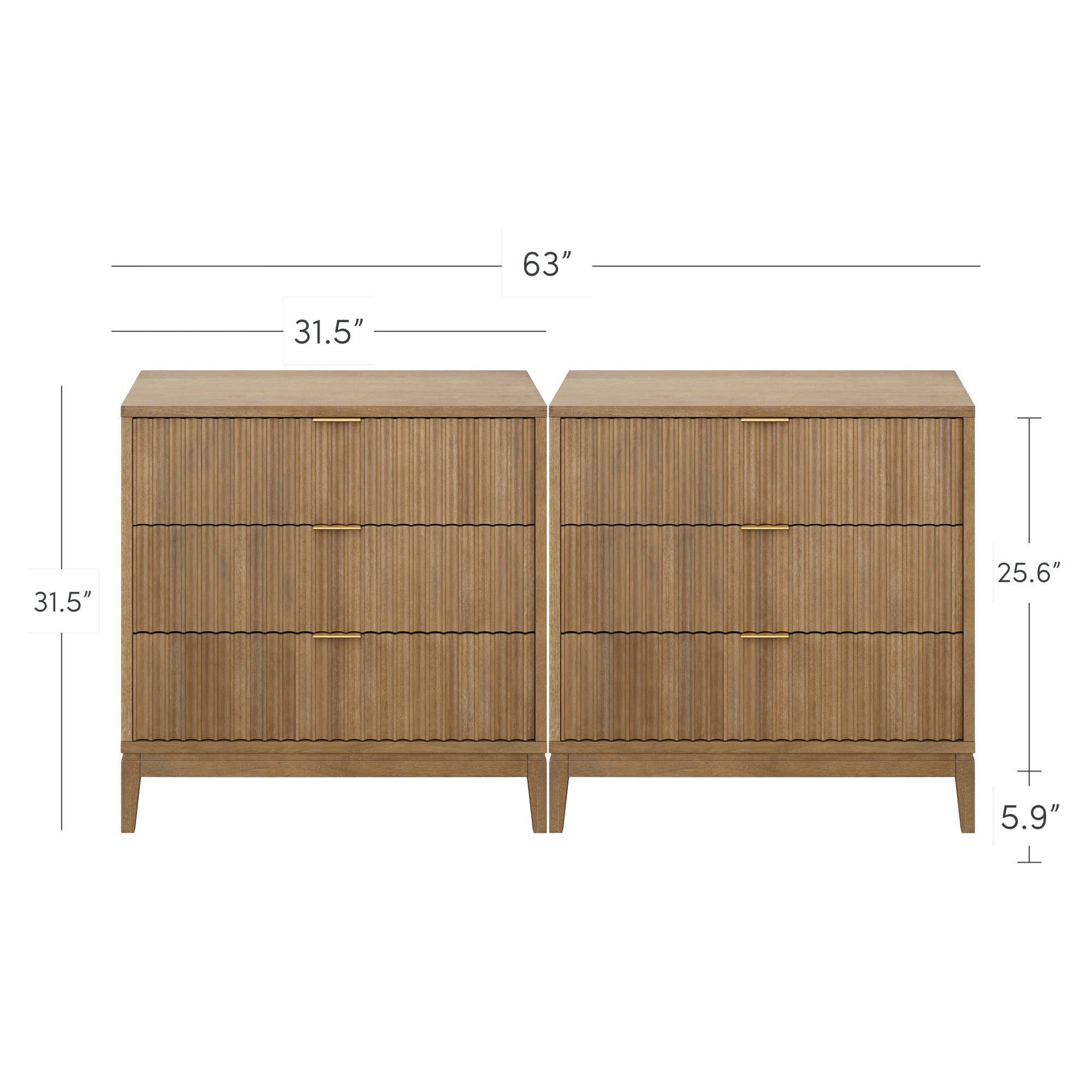 Two matching wooden dressers with three drawers each, gold handles, vertical grooves, standing side by side. Dimensions are 63 wide together, 31.5 per dresser, 31.5 tall, 25.6 drawer height, and 5.9 leg height.