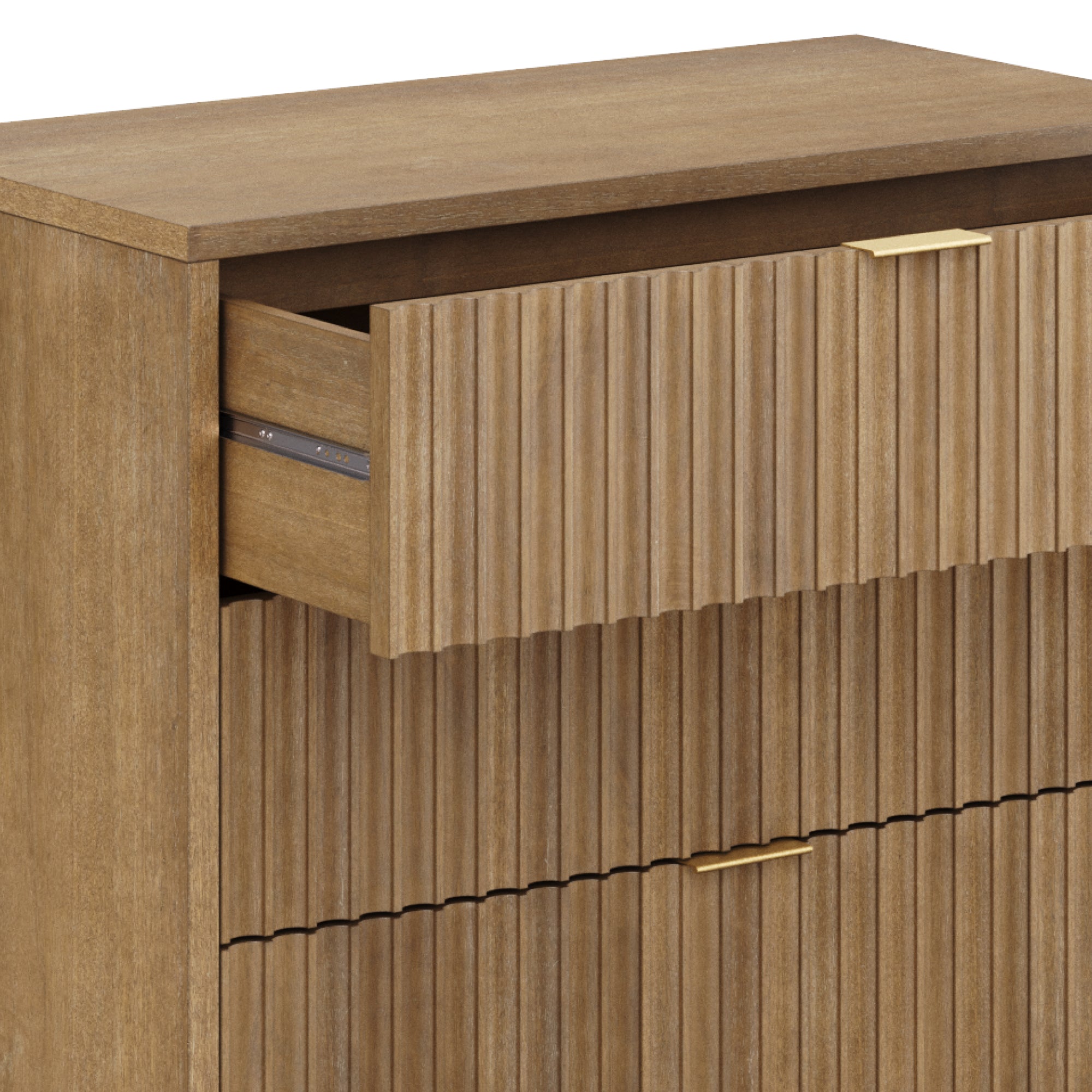 A wooden dresser with a ridged texture and gold handles, featuring one drawer partially open.