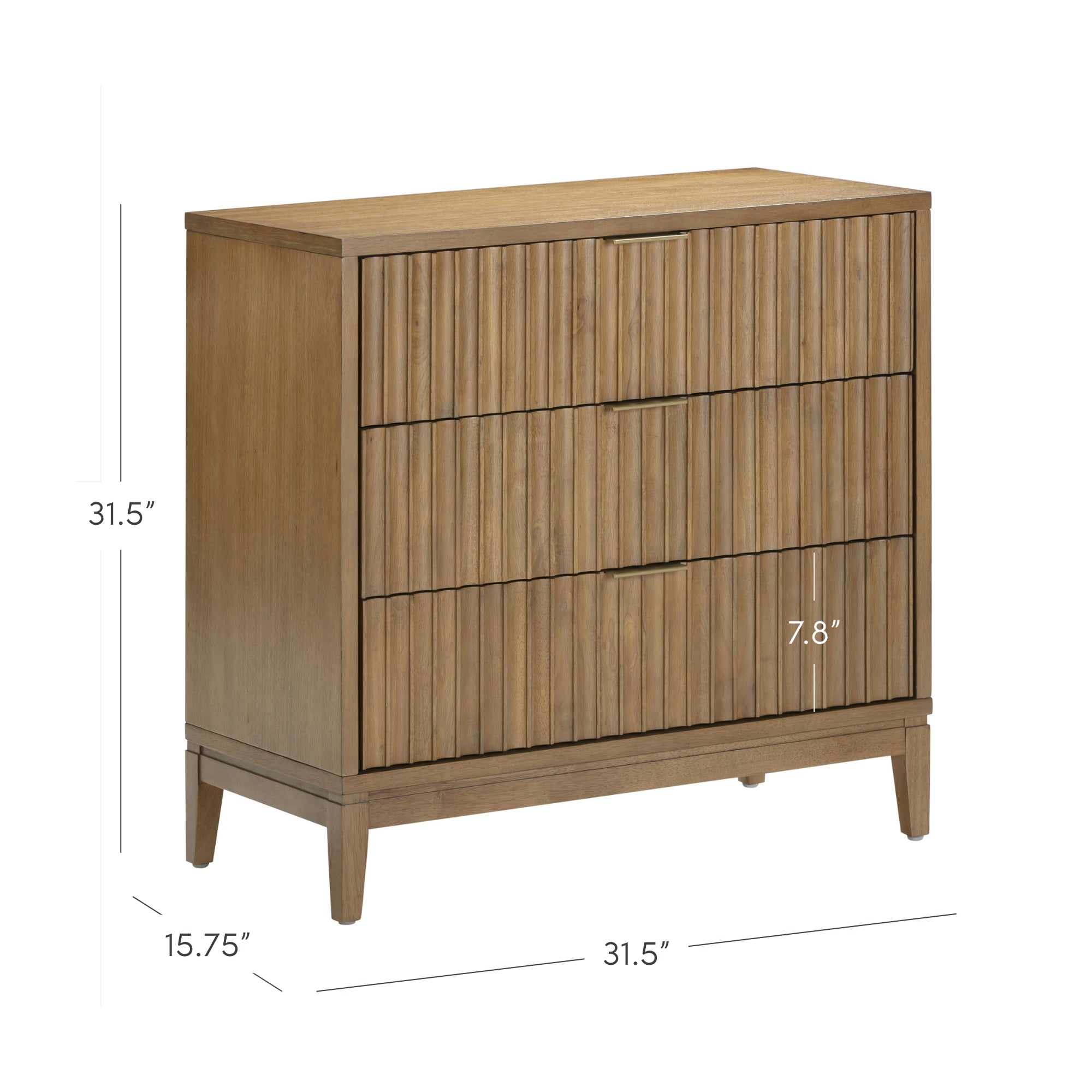 A wooden chest with three drawers featuring vertical grooved patterns, measuring 31.5 inches wide, 31.5 inches tall, and 15.75 inches deep; each drawer front is 7.8 inches high.