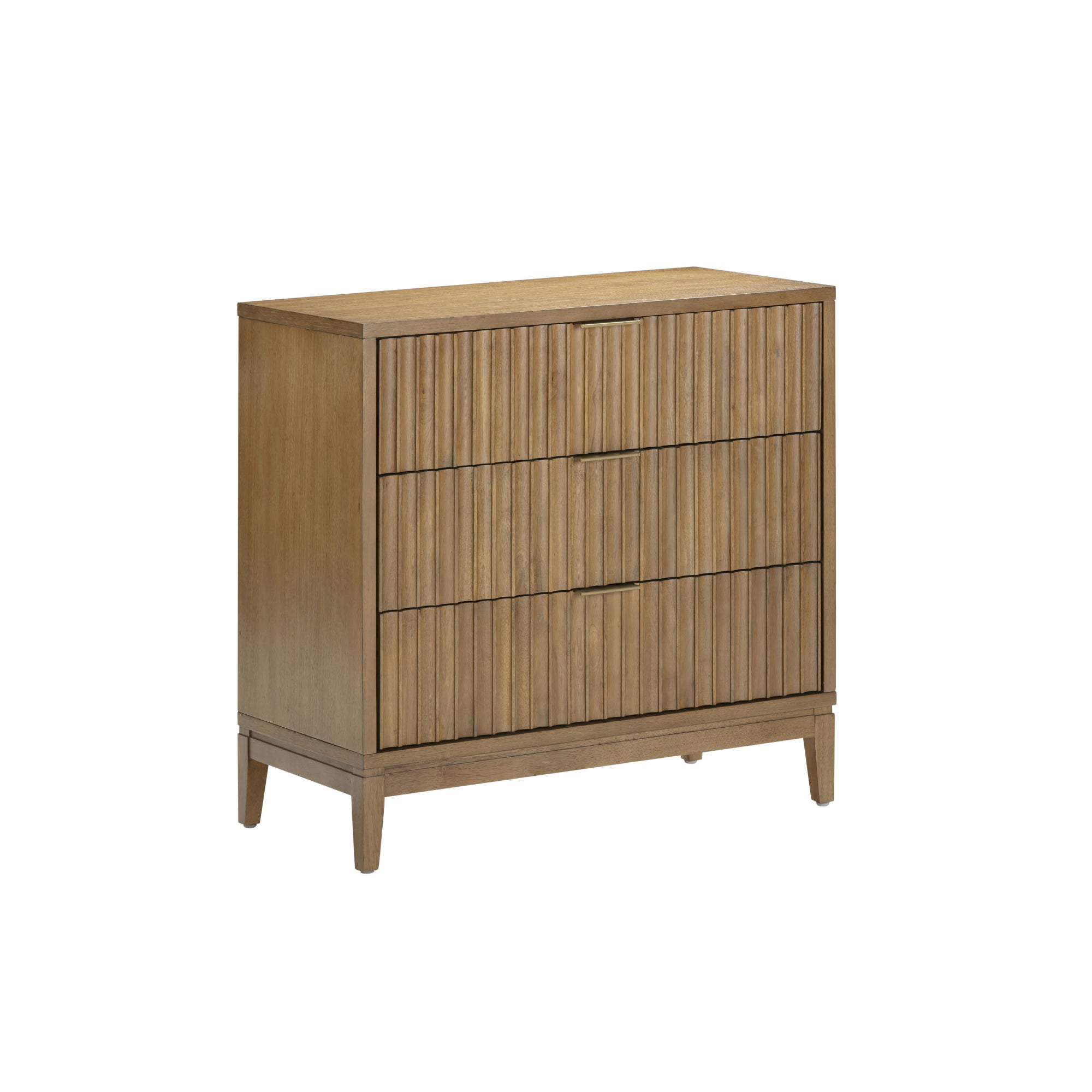 A wooden dresser with three drawers, vertical slat detailing on the drawer fronts, and tapered legs. The wood has a light, natural finish.