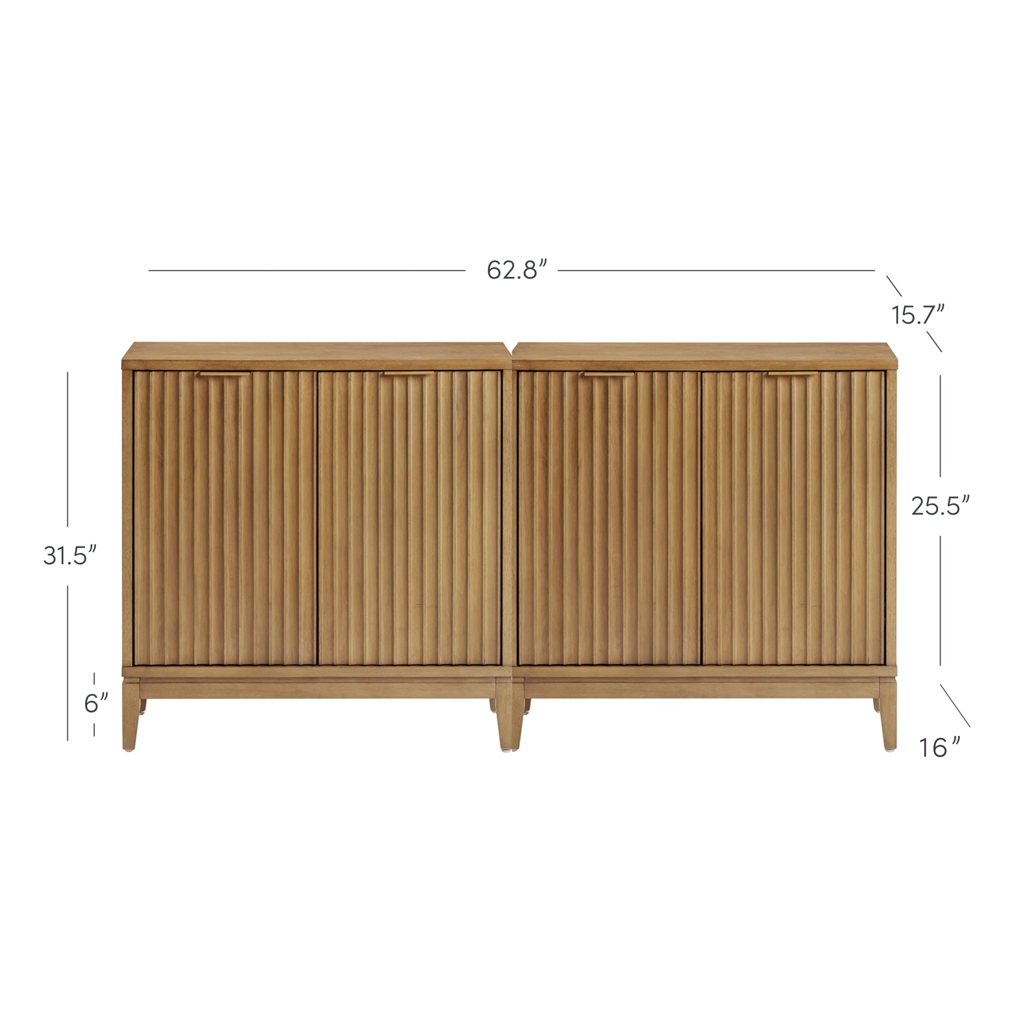 A wooden sideboard with vertical slat doors. Dimensions are labeled: 62.8 wide, 15.7 deep, 31.5 tall, door height 25.5, leg height 6, and unit depth 16.
