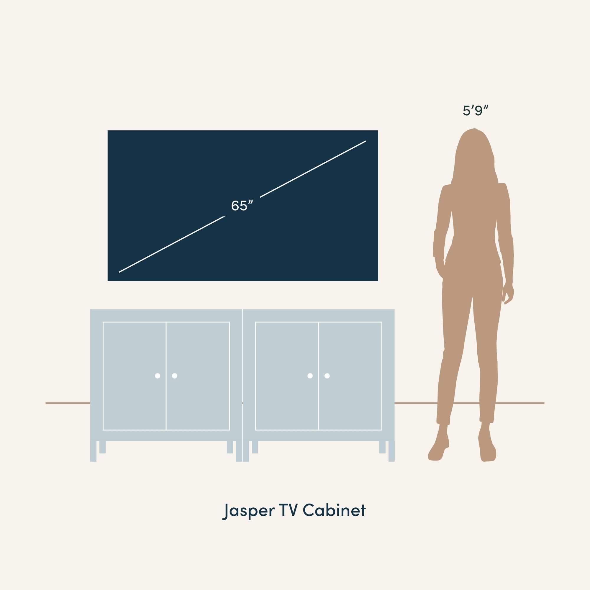 A 65-inch TV is displayed on top of a Jasper TV cabinet next to the silhouette of a person who is 59 tall, for size comparison.