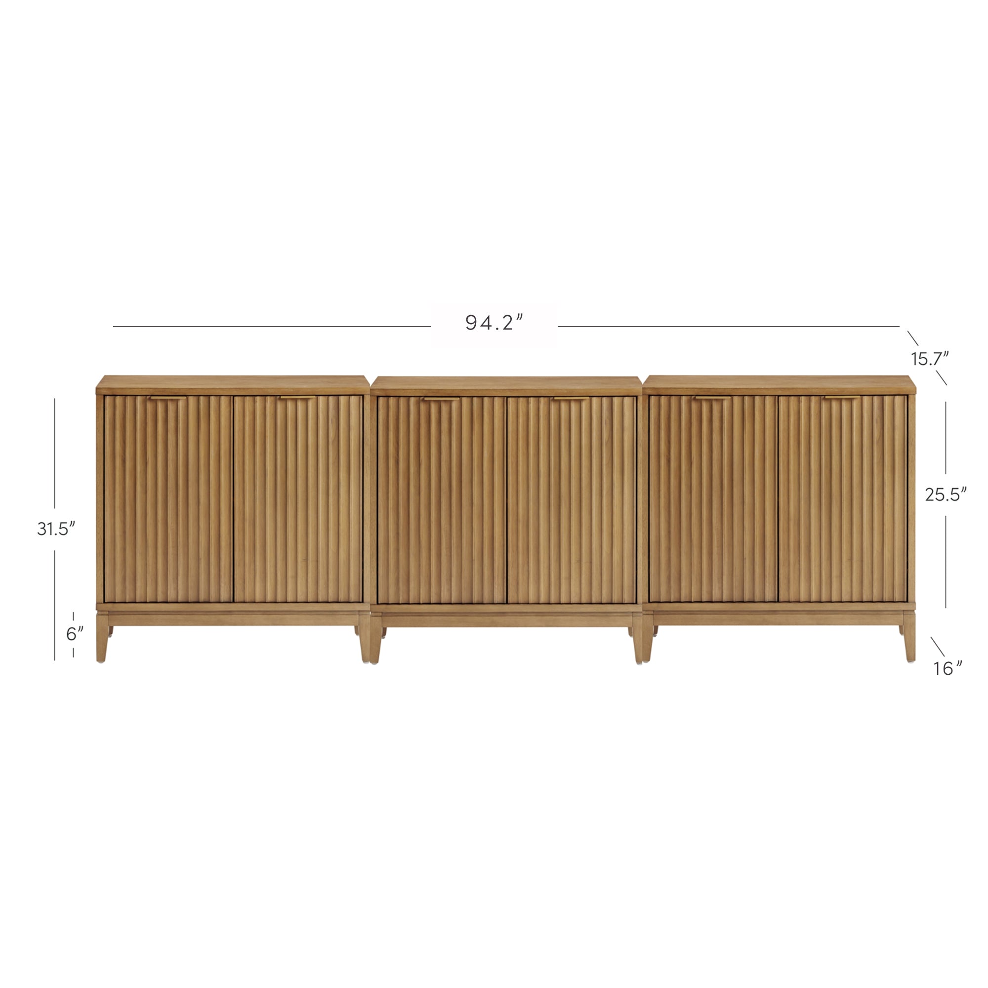 A wooden sideboard with four ribbed cabinet doors, standing on short legs. The sideboard measures 94.2 inches in length, 31.5 inches in height, and 16 inches in depth. Dimensions are labeled around the unit.