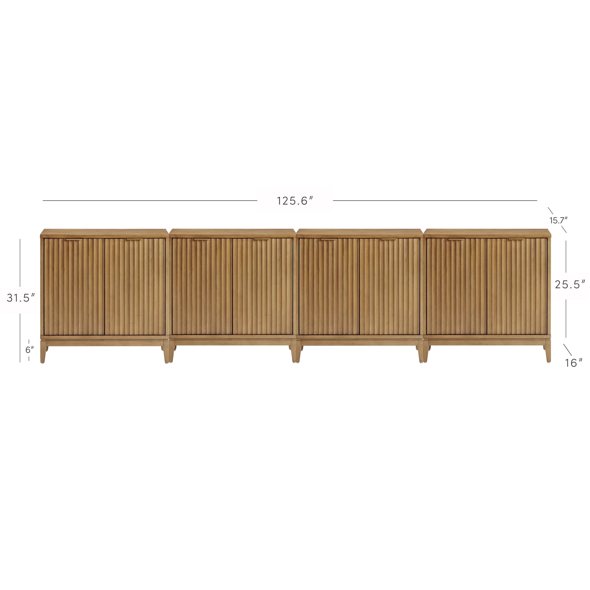 Wide wooden cabinet with four sections, each featuring vertical slatted doors. Overall dimensions are 125.6 wide, 31.5 high, and 15.7 deep. Additional smaller height and depth measurements are indicated.