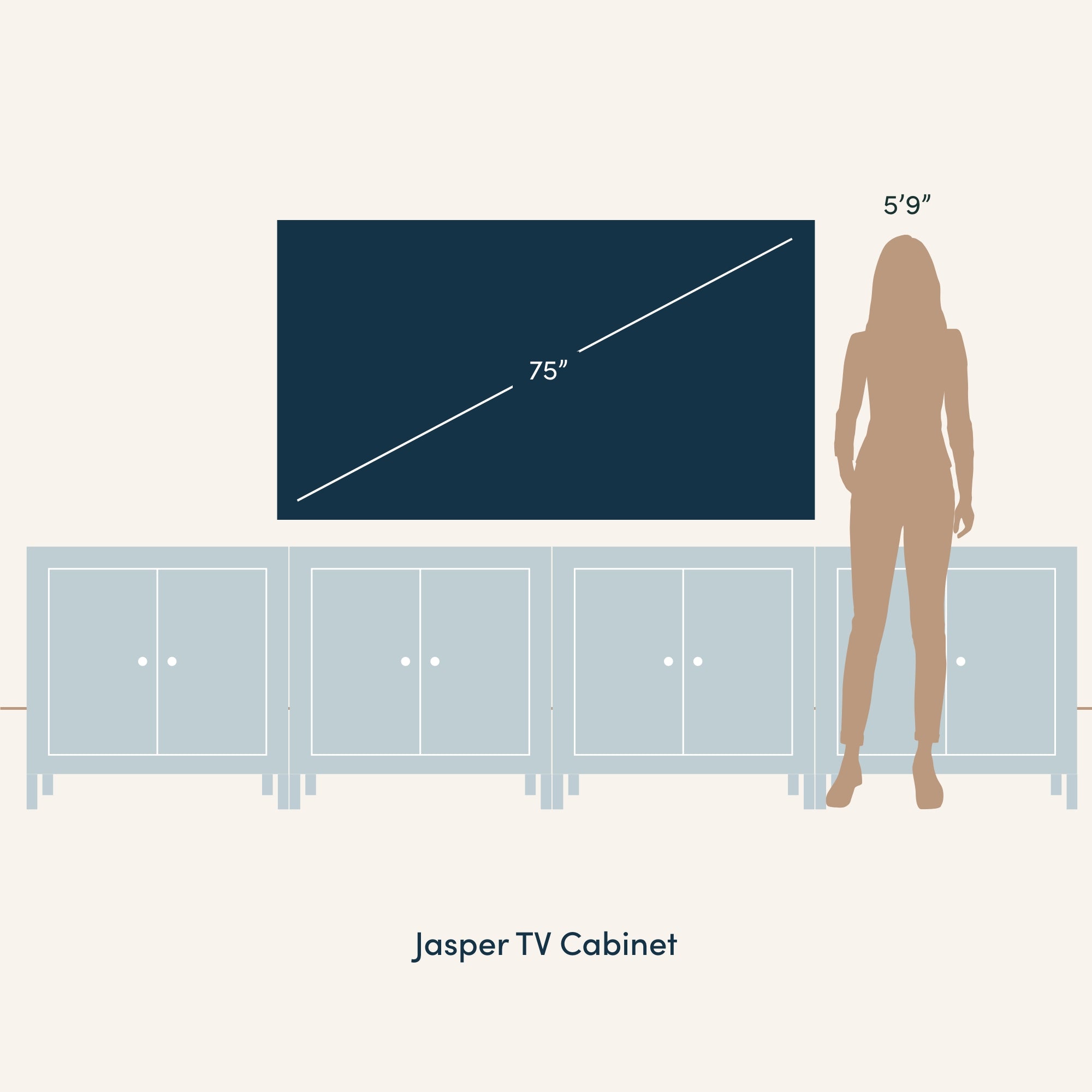 Illustration of a Jasper TV cabinet with a large 75-inch TV on top; a 59 person stands beside it for scale. The cabinet has multiple doors and is light blue on a neutral background.
