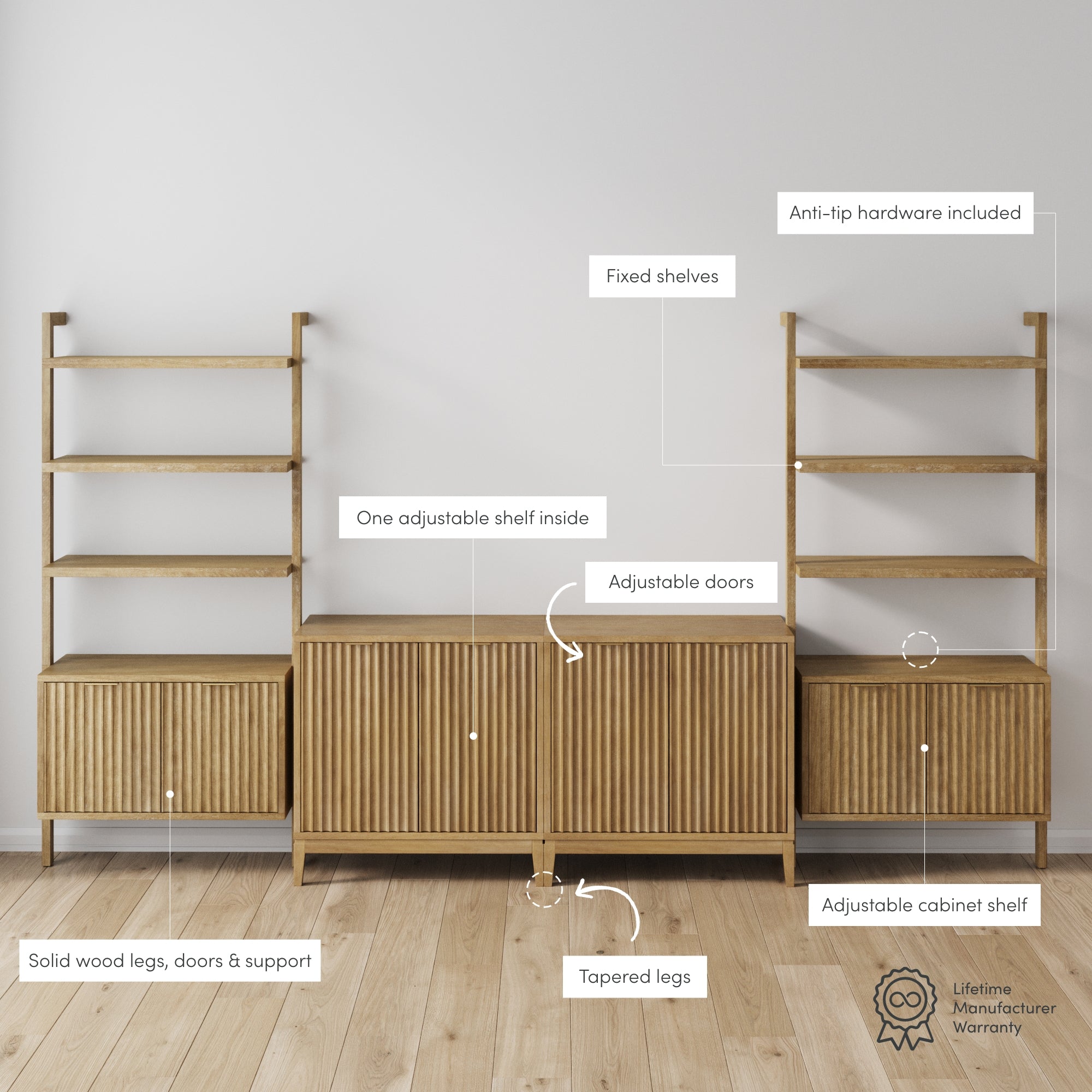 A modern wooden shelving unit with ribbed cabinet doors and adjustable shelves, featuring fixed shelves, solid wood legs, tapered legs, and labeled details. The unit is placed against a light wall on a wooden floor.