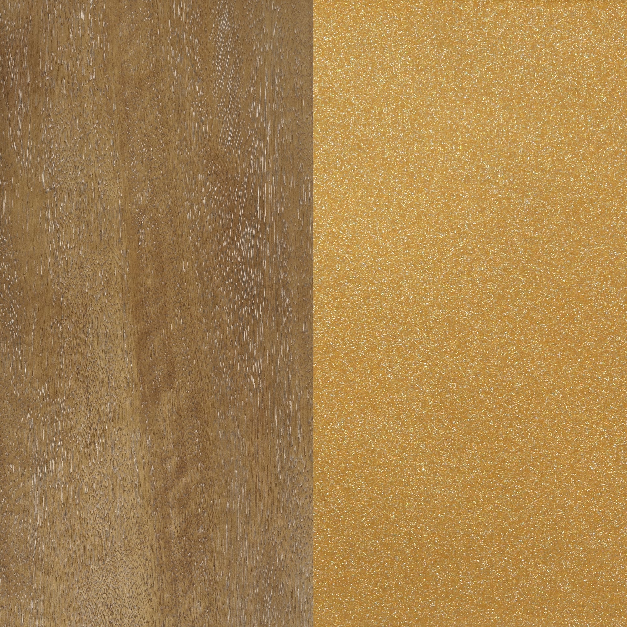 A split image showing two textures: the left side is smooth, natural brown wood, while the right side is a sparkling, glittery gold surface.
