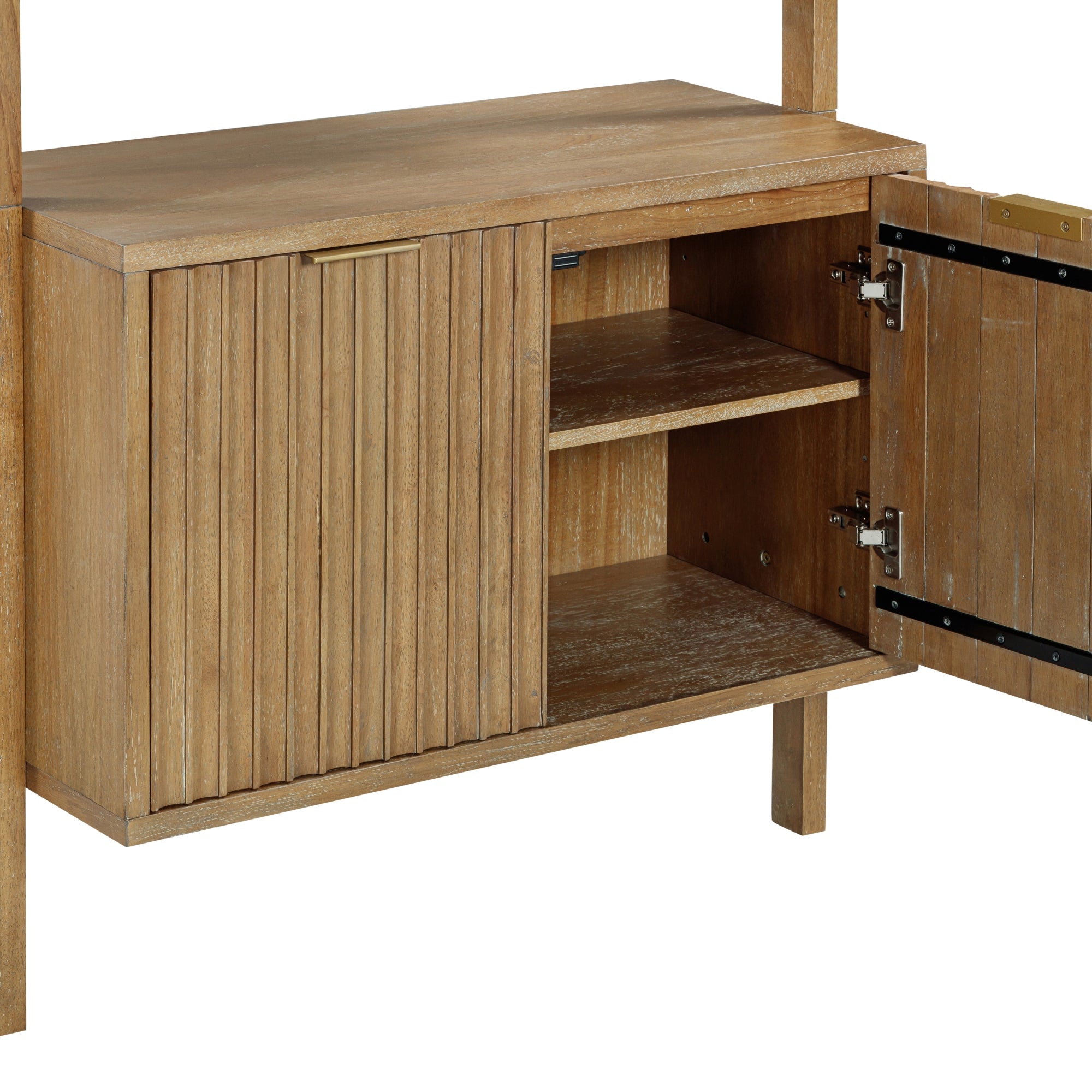 A wooden cabinet with vertical grooves on the front, one door open to reveal two interior shelves. The cabinet has a natural wood finish and stands on four legs.