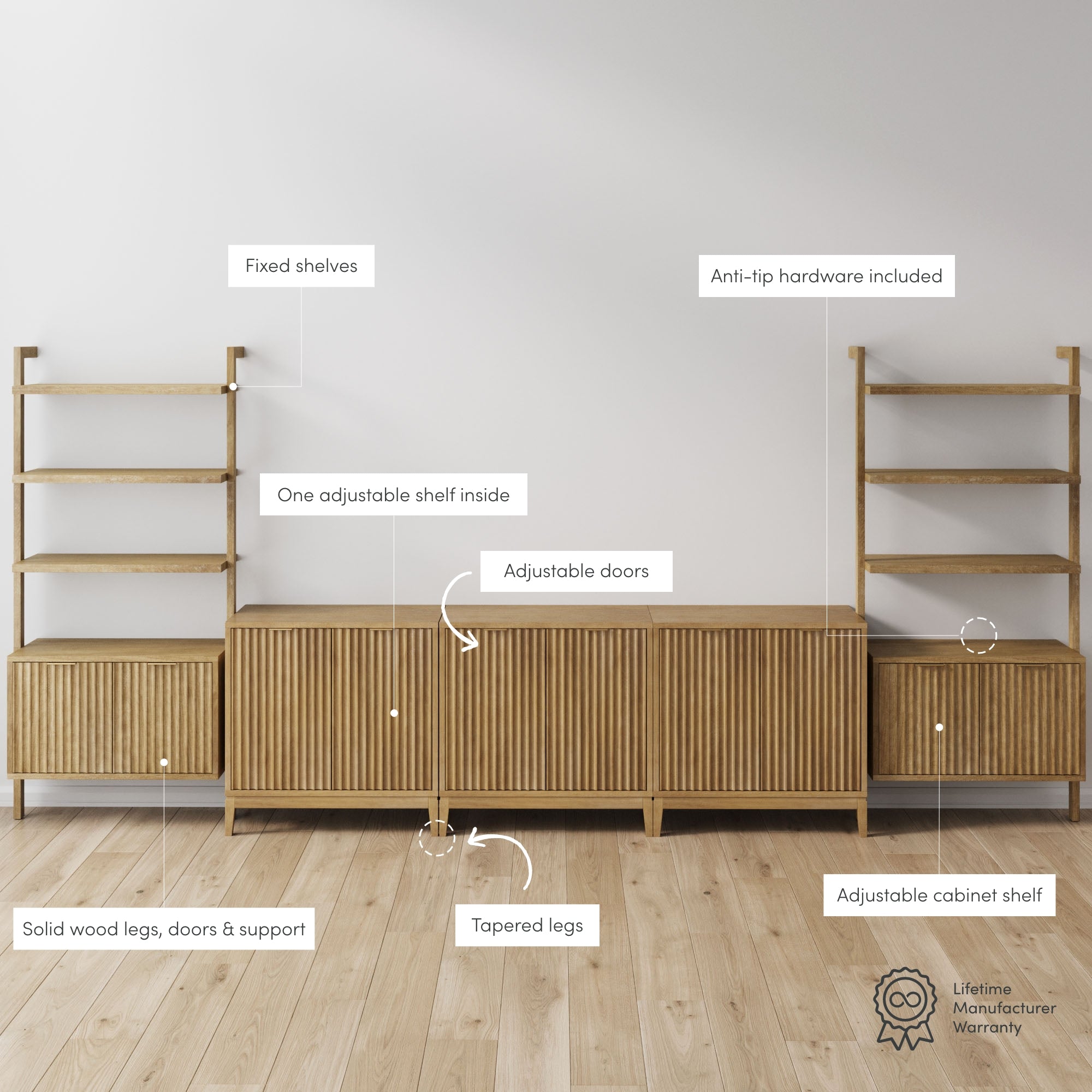 A wooden shelving unit with labeled features: fixed shelves, anti-tip hardware, solid wood legs/doors/support, adjustable shelf inside, adjustable doors, tapered legs, and adjustable cabinet shelf. Lifetime warranty icon shown.