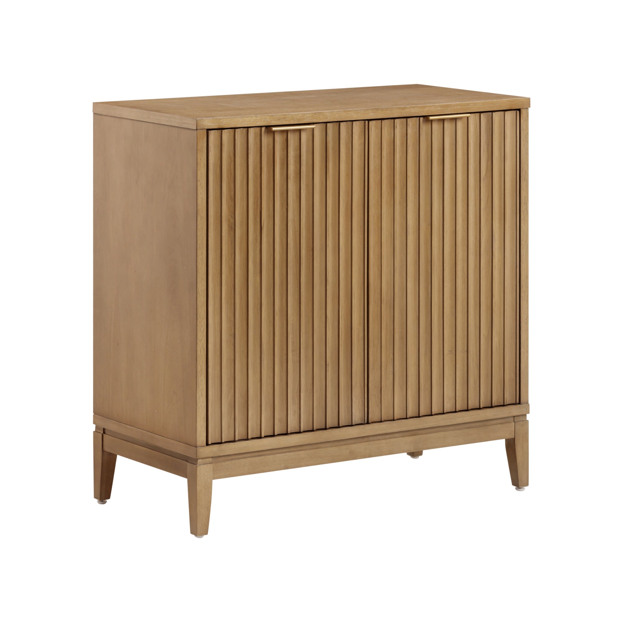 A light wood cabinet with vertical slatted doors and sleek, minimalist handles, standing on four tapered legs against a white background.