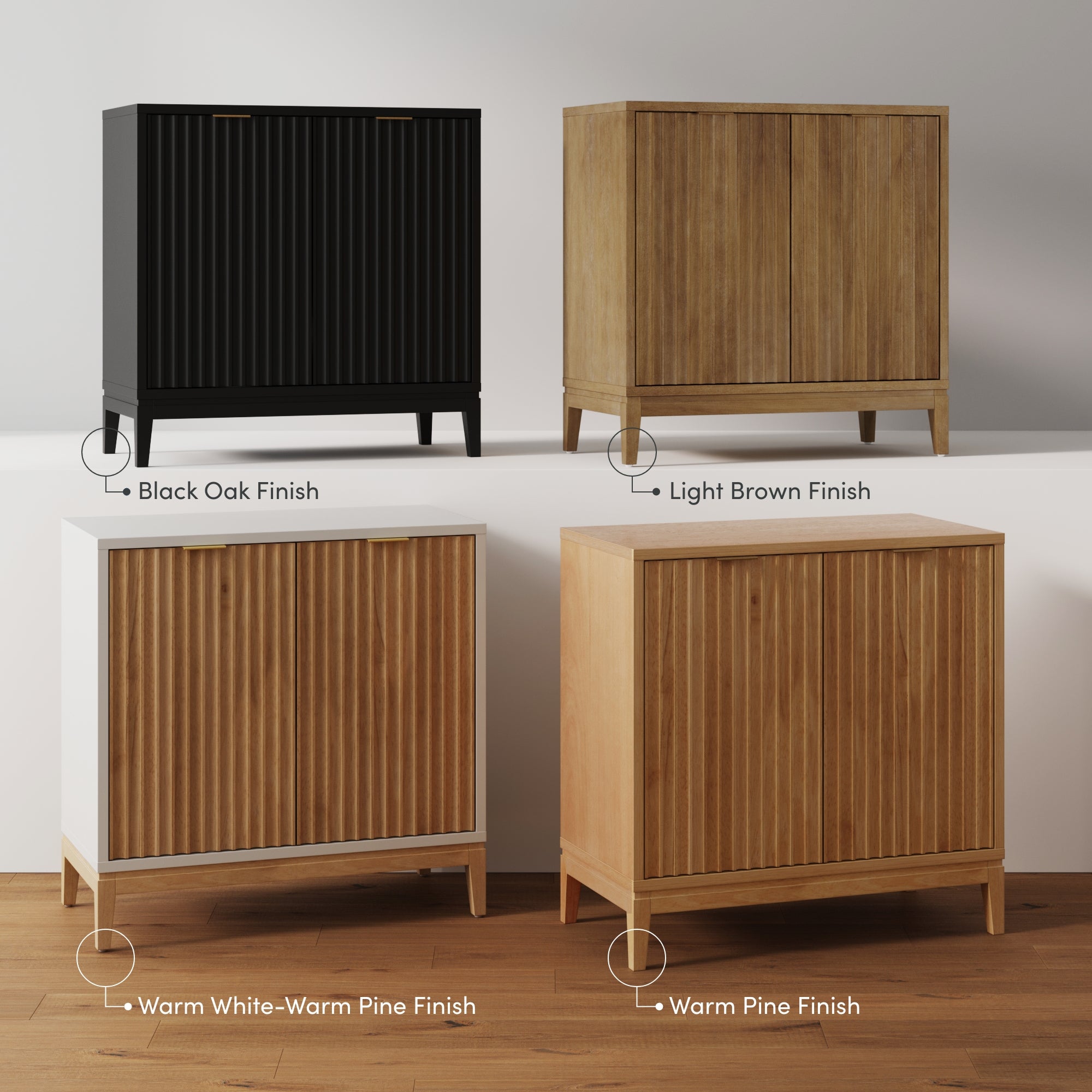 Four wooden cabinets are displayed in a row. Finishes shown are: Black Oak, Light Brown, Warm White-Warm Pine, and Warm Pine. Each cabinet has vertical grooves on the doors and short legs.