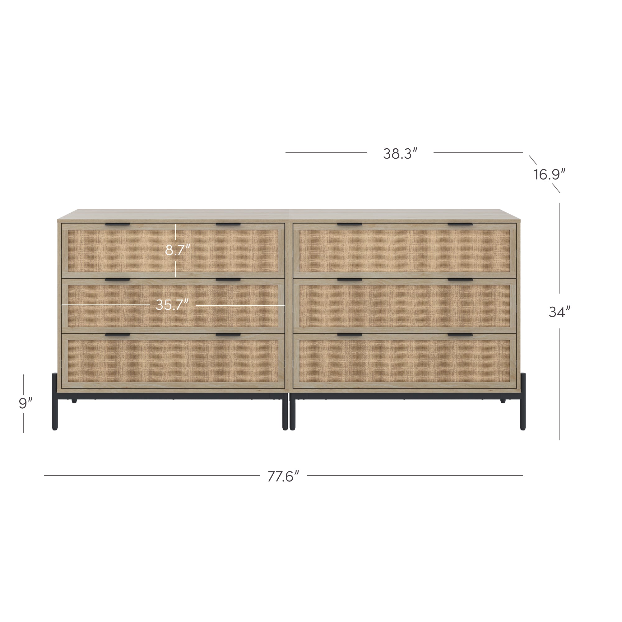 Front view of a six-drawer dresser with natural wood finish and black metal legs. Dimensions are labeled: 77.6 wide, 34 high, 16.9 deep, drawers are 8.7 tall and 35.7 wide, and ground clearance is 9.