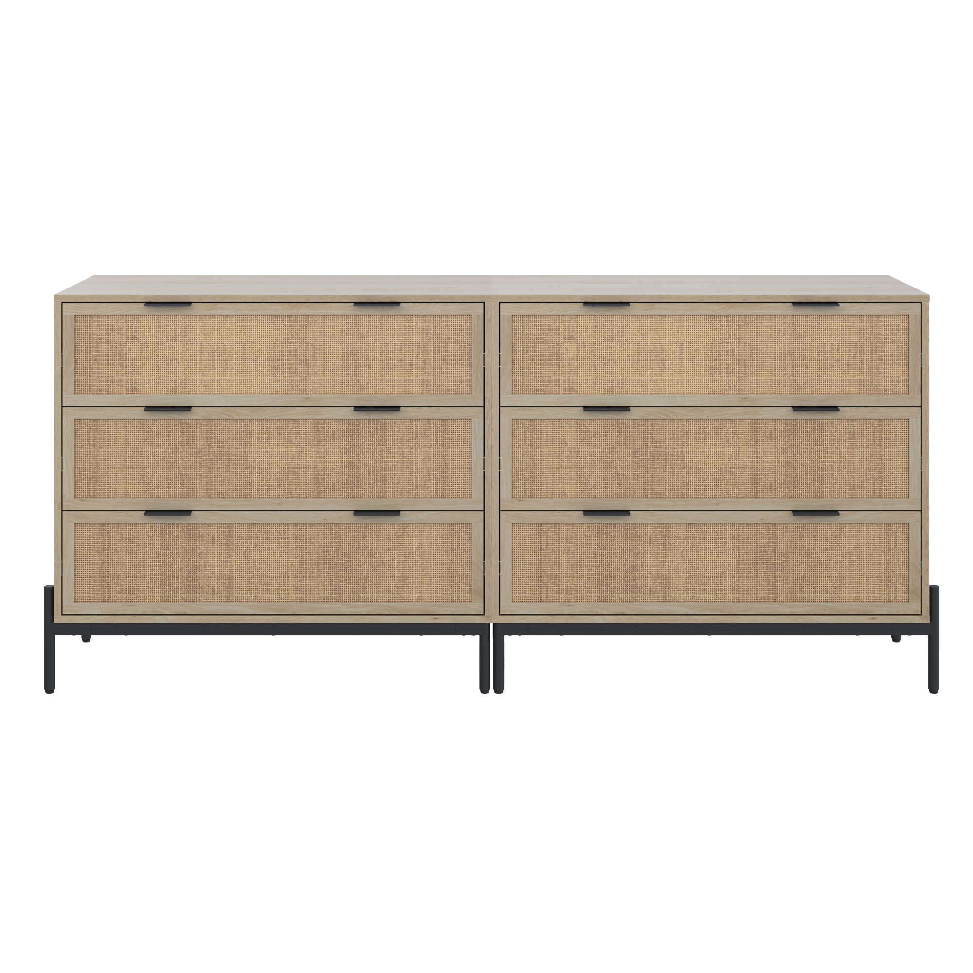 A modern dresser with eight drawers, featuring a light wood frame, woven rattan drawer fronts, black metal handles, and a black metal base.