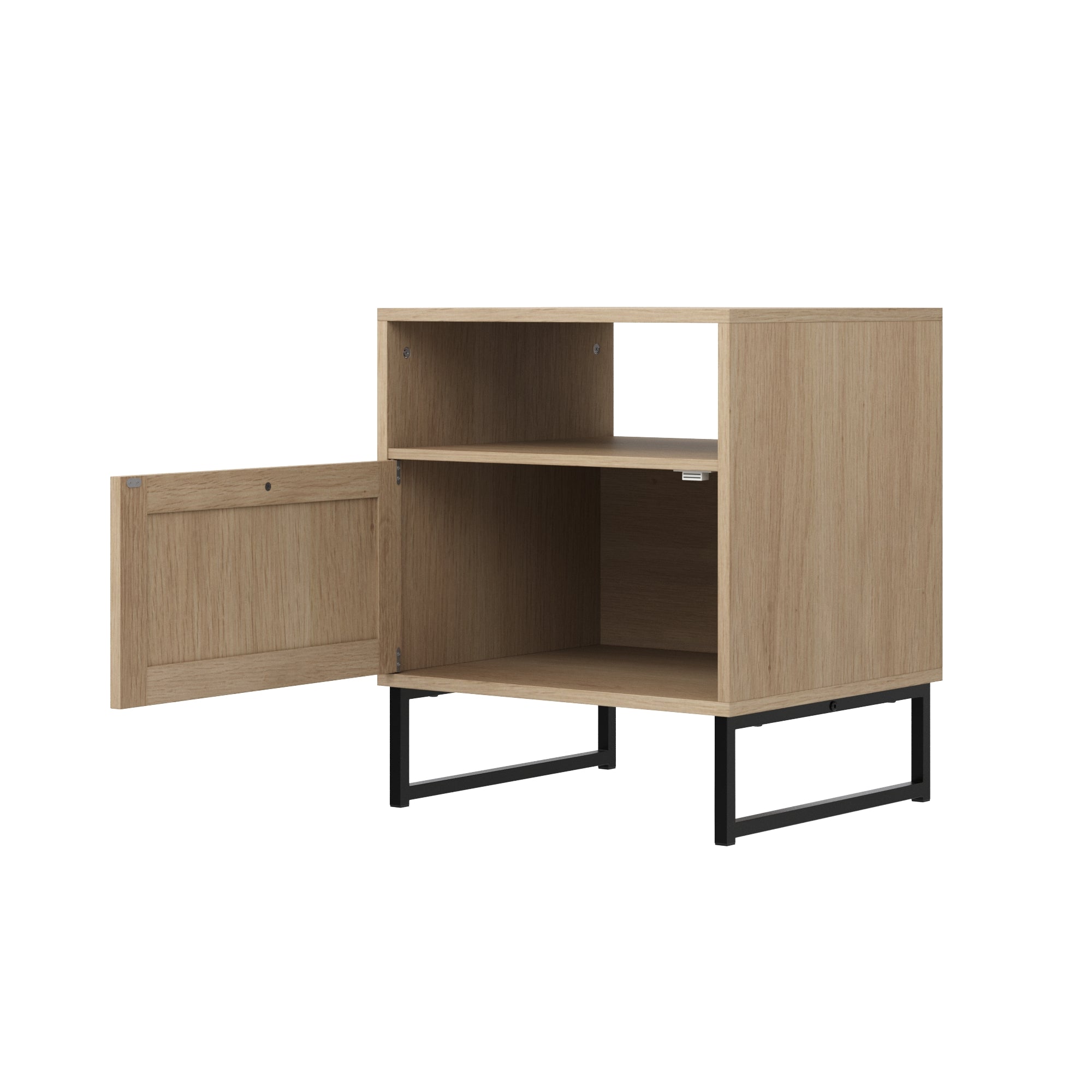 A small, light wood cabinet with black metal legs, an open shelf on top, a large lower shelf, and a hinged door that is open to the side. The design is modern and minimalist.