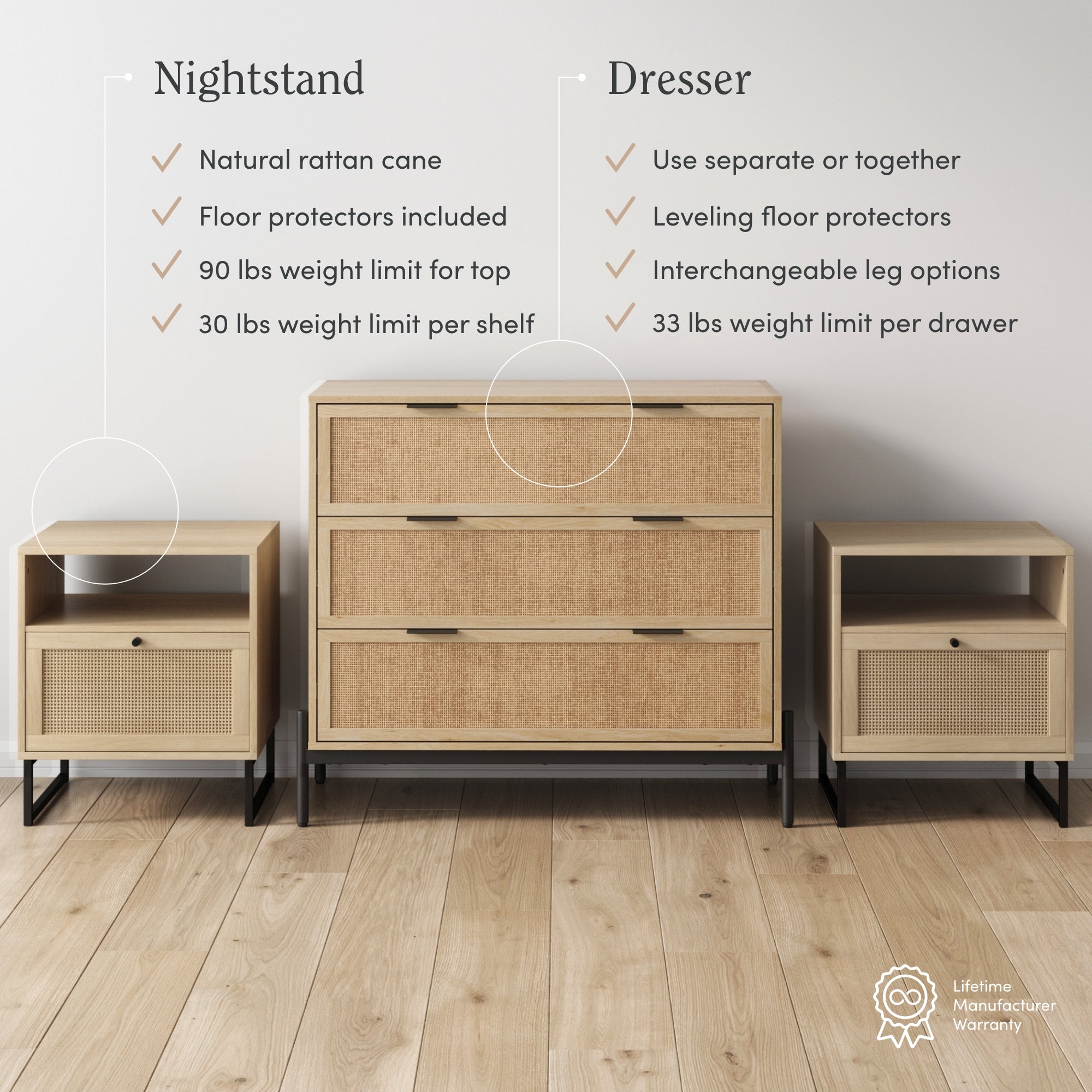 A set of natural rattan cane bedroom furniture on wooden flooring: a dresser with three drawers and two matching nightstands, with text describing features and weight limits for each piece.